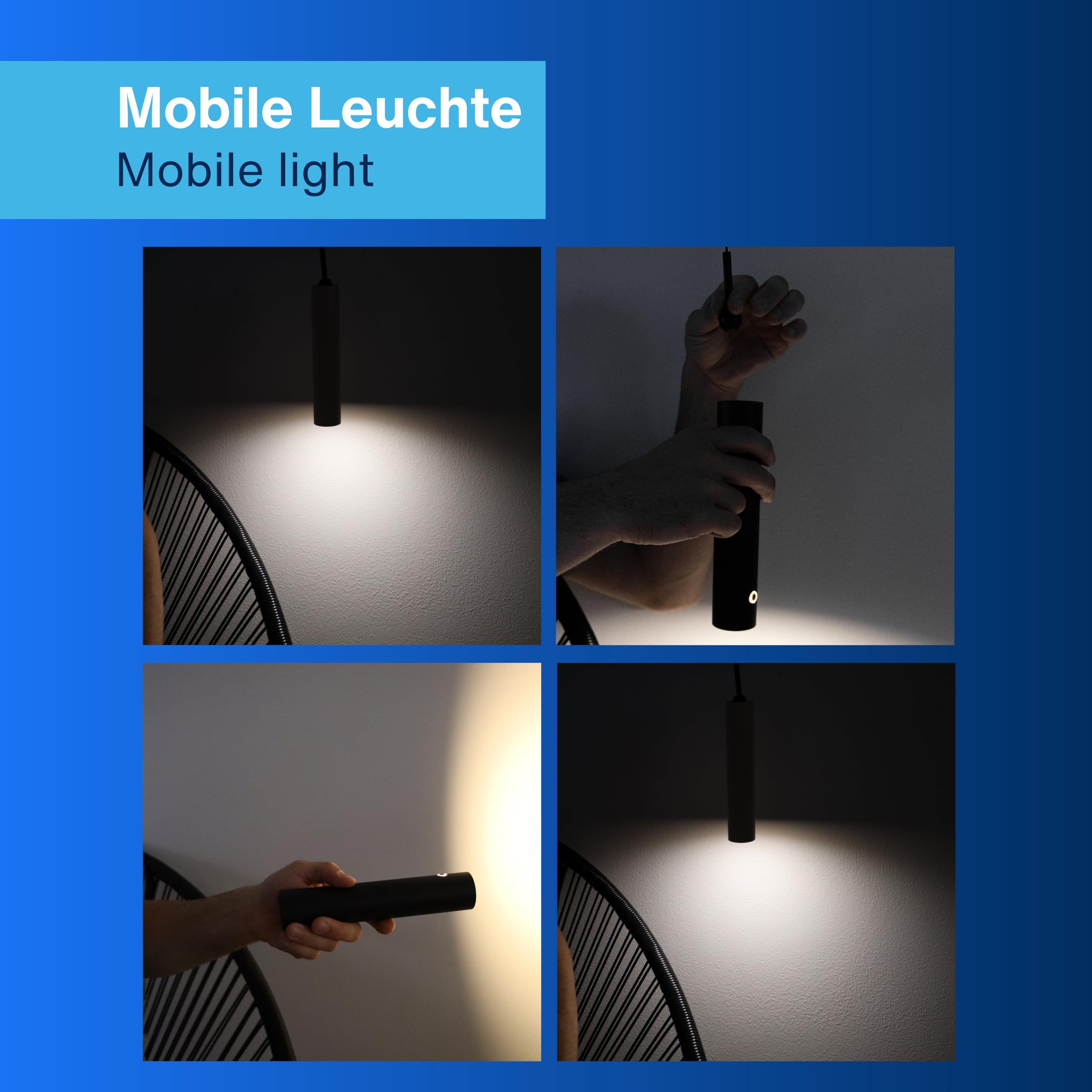 REV Pendelleuchte Akku - 130lm dimmbar 3 Farben, Timer 1-4H, höhenverstellbar durch ziehen (37-163cm) Hängeleuchte mit Fernbedienung, ideal als Hängelampe ohne Strom, schwarz