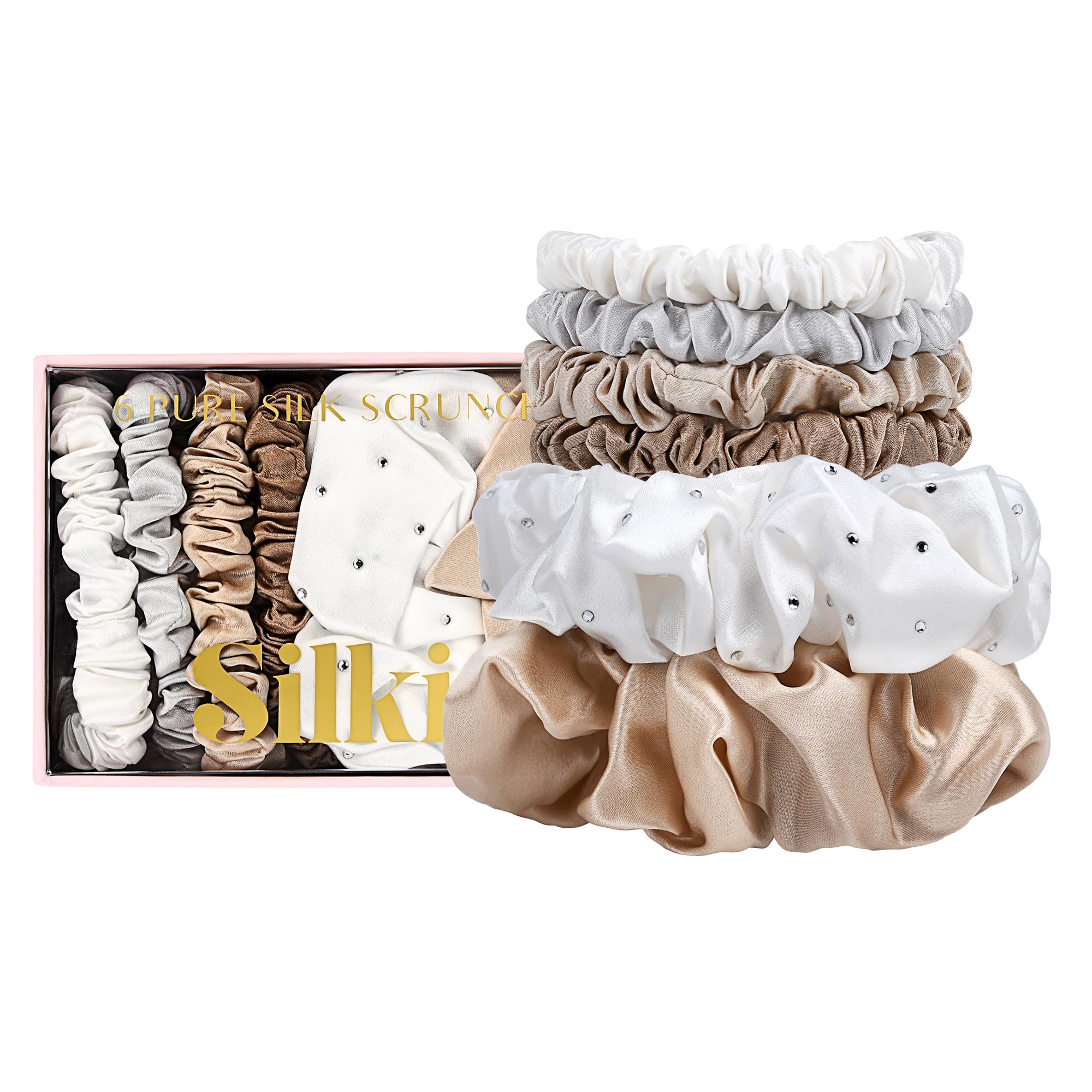 SILKIE x6 Set 100% Pure Mulberry Silk Christmas Special Light Neutral Skinny Scrunchies Travel Pouch Everyday Hair Ties Elastics Hair Care Ponytail