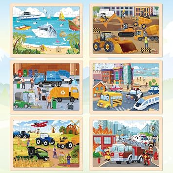 6 Themed Wooden Jigsaw Puzzles for Kids Ages 3-5, 60 Pieces Each