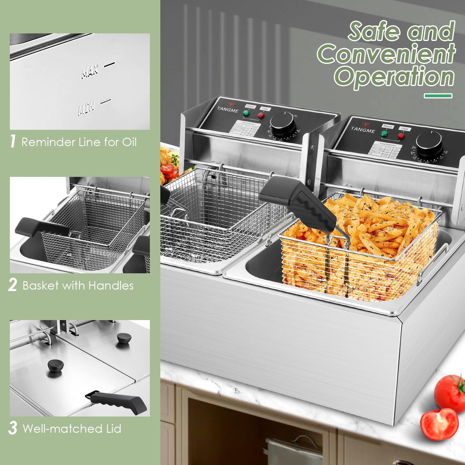 Friteuse Professionnelle, 5000W Friteuse Électrique avec Paniers, Cuve en Acier Inoxydable Épaissi 0,8mm, Friteuse à Huile de Comptoir 20,7L Grande Capacité avec Limiteur de Température
