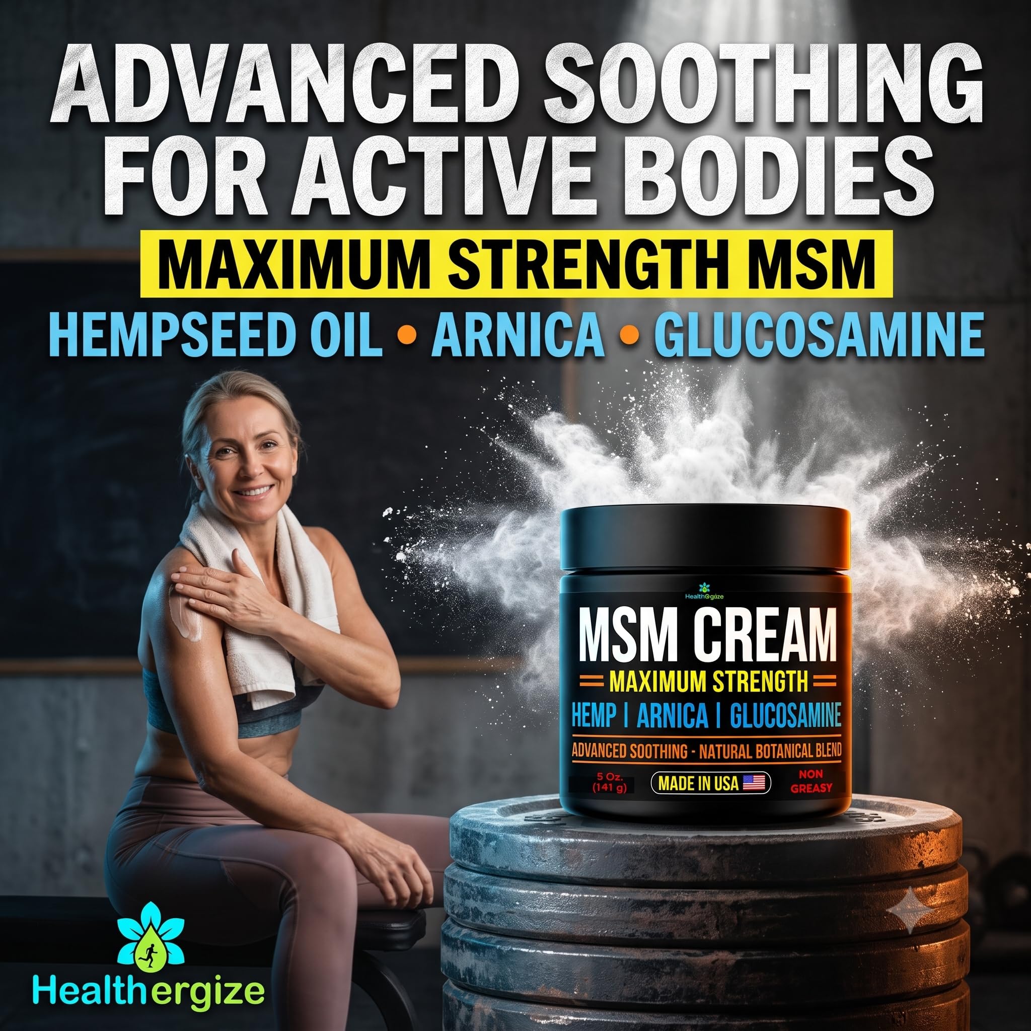 Healthergize MSM Cream Maximum Strength – Glucosamine Chondroitin MSM Cream for Muscles & Joints – Vegan Shellfish-Free Glucosamine – Hempseed Oil, Arnica & Aloe – Paraben Free – 5 Oz, Made in USA — Amazon image 2