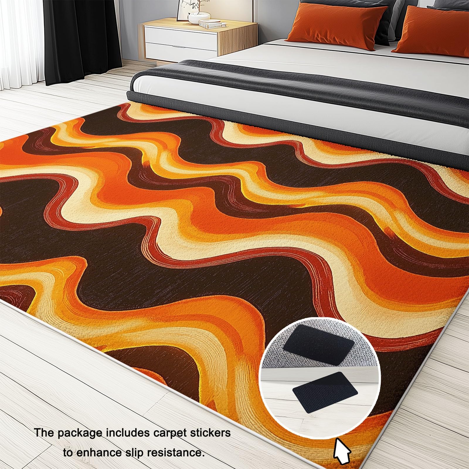 Générique Tapis Salon Vagues Rétro Funky 160 x 230 cm Tapis Chambre Impression 3D Moderne, Couleur Orange Moquette Antidérapant Lavable Machine, pour Salon Salle à Manger Bureau