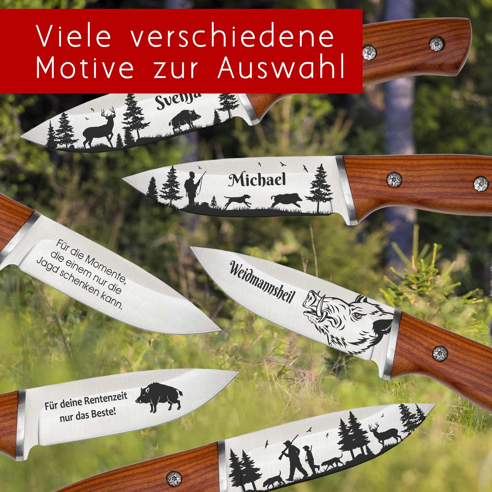 ADAM WILD Jagdmesser mit Gravur | personalisiert | Geschenke für Jäger | Wunschname graviert | rostfreier Edelstahl, Holzgriff & Lederscheide | Jagdzubehör & Geschenk zum Jagdschein