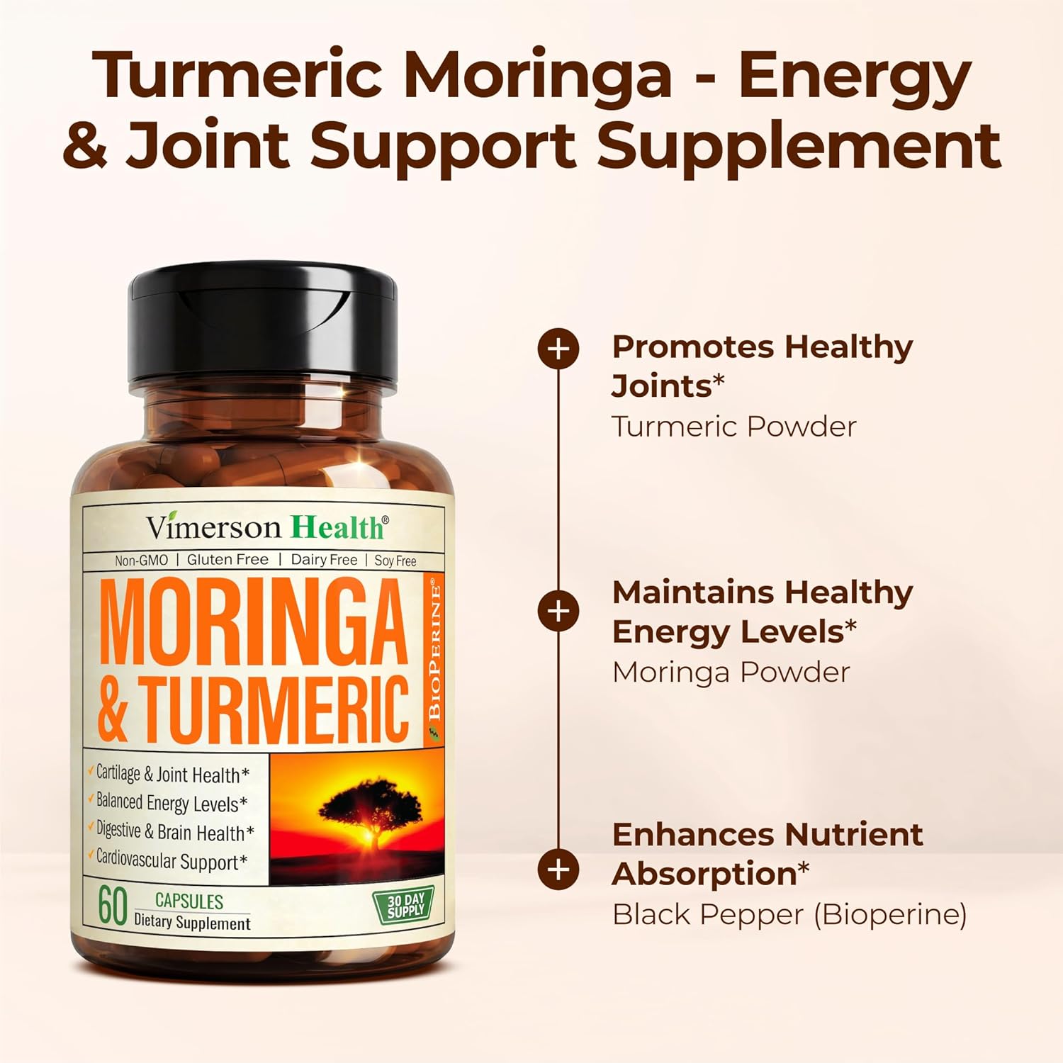 Moringa Capsules with Turmeric Curcumin Supplement – Joint Health, Gut Health, Energy & Immune Support – Moringa Supplement with Tumeric – Turmeric with Black Pepper Wellness Formula – 60 Count