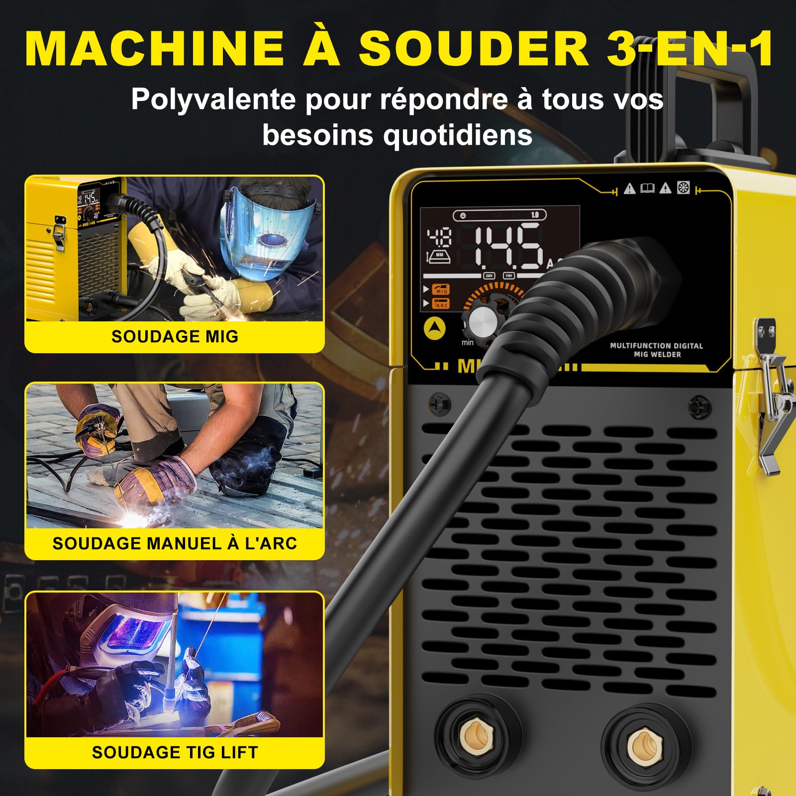 Haxiaoer 145A Poste a Souder Fil Fourré Sans Gaz, 3 en 1 Synergie Poste à Souder MIG (FCAW/MMA, ARC/Lift TIG), IGBT Poste a Souder Inverter avec Fil de 1.0mm, Démarrage à chaud, poussée d'arc, Jaune
