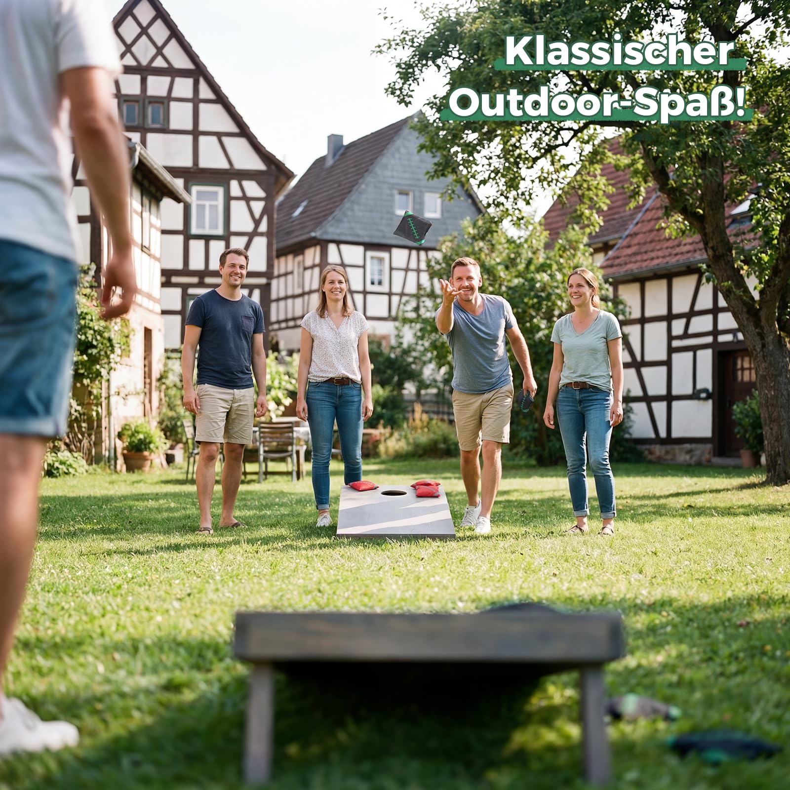 Cornhole Set Outdoor, 90x60cm Echtholz Wurfspiel – Bean Bag Game mit 10 Säckchen & Tasche – Professionelles Sackloch Spiel für Erwachsene, Kinder, Garten, Strand, Camping – Offizielles Turnier Zubehör