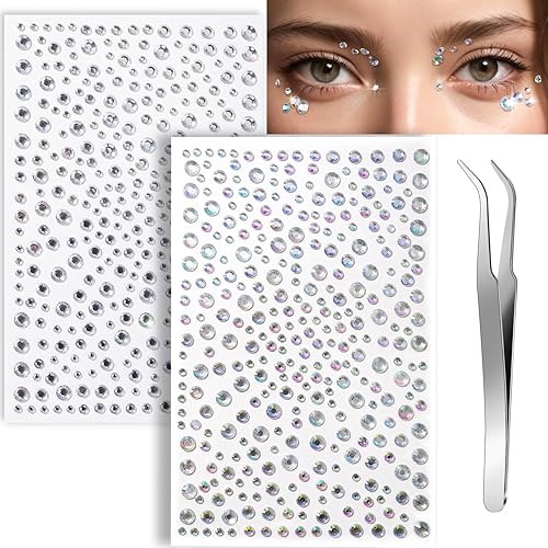 Teenitor Calcomanías autoadhesivas de diamantes de imitación para rostro, 650 piezas de joyas de maquillaje para festivales, diamantes de imitación