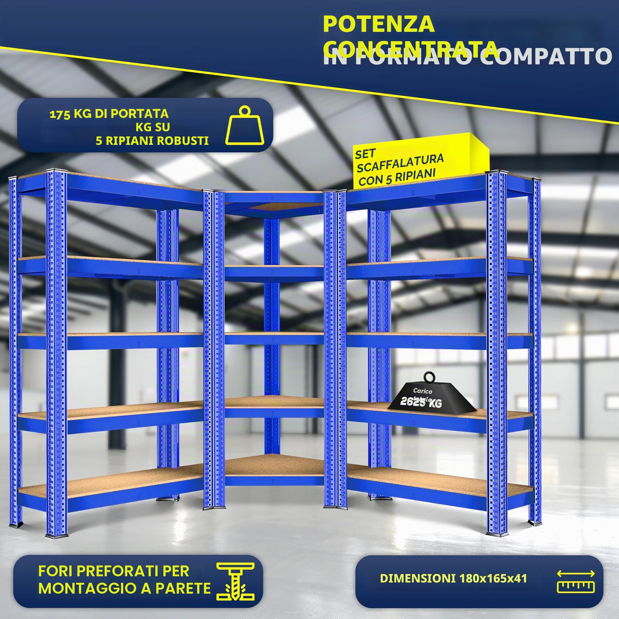 MASKO® Set di 3 sistemi di scaffalature, 1x scaffale angolare e 2X scaffali di stoccaggio - 15 ripiani | Scaffali in MDF 2625 kg Scaffali per officina Scaffali per cantine, Blu