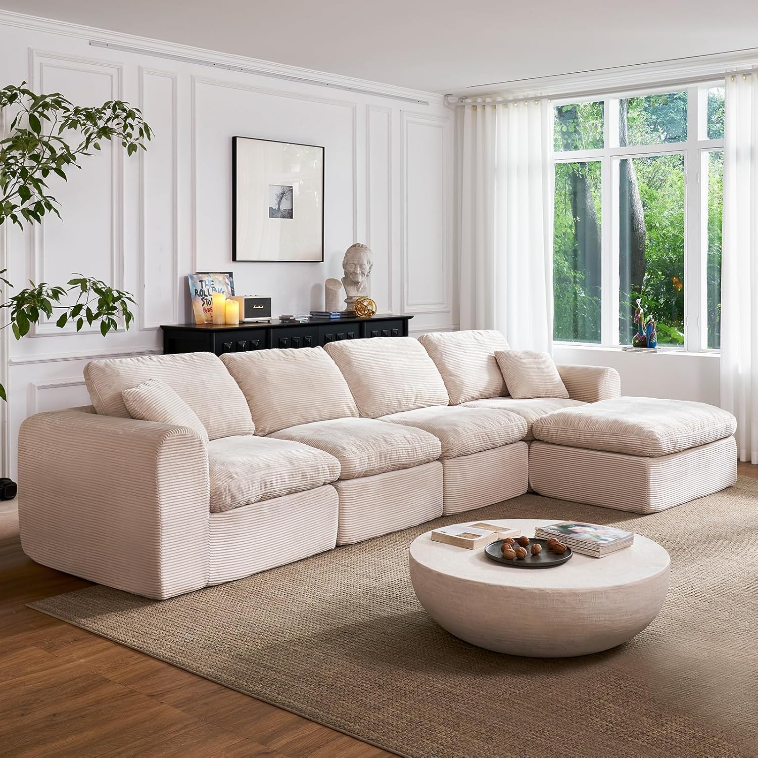 108" Cloud Sectional Couches for Living Room, Convertible L-Shape Boneless Couch with Ottoman, 4 Seater Modular Cloud Sofa with Deep Seat (Beige,3 Seater + 1 Ottoman)
