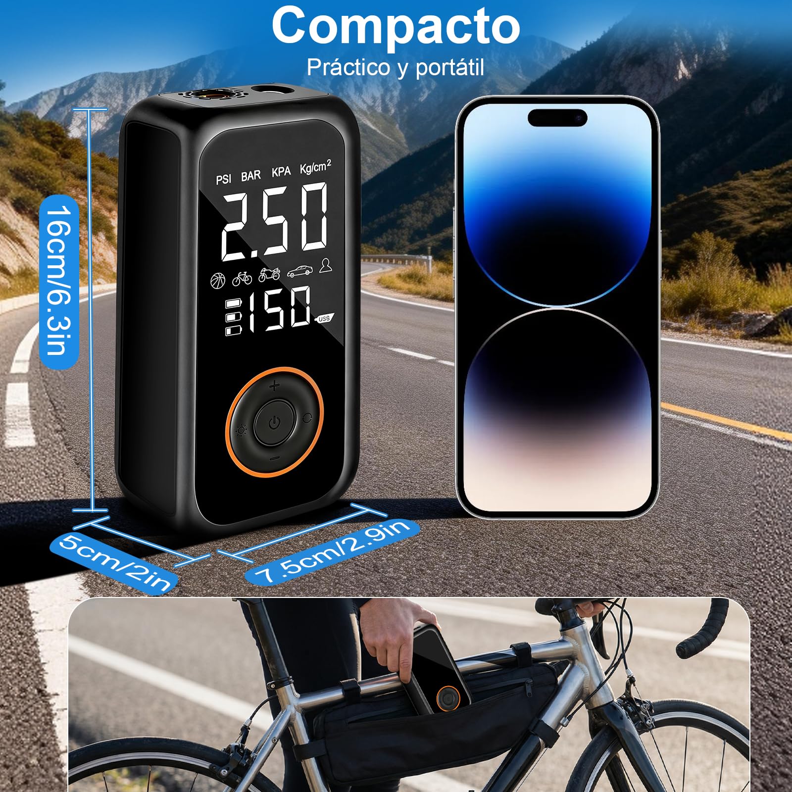 Mini Compresor Aire Portatil, 8000mAh Inflador Ruedas Coche | 150PSI Inflador Electrico Biciclet Con Pantalla LCD Digital y linterna LED