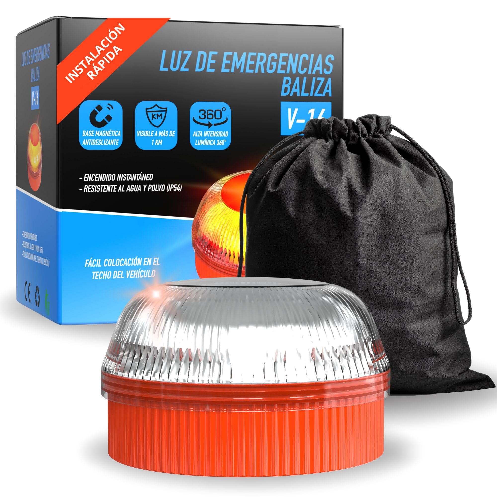 Luce di Emergenza LED V16 - Segnale Stradale ad Alta visibilità - Base Magnetica e Custodia Protettiva - Funziona con Pile AAA+ (Incluse) - 4 modalità di Luce per Sicurezza Auto e Moto