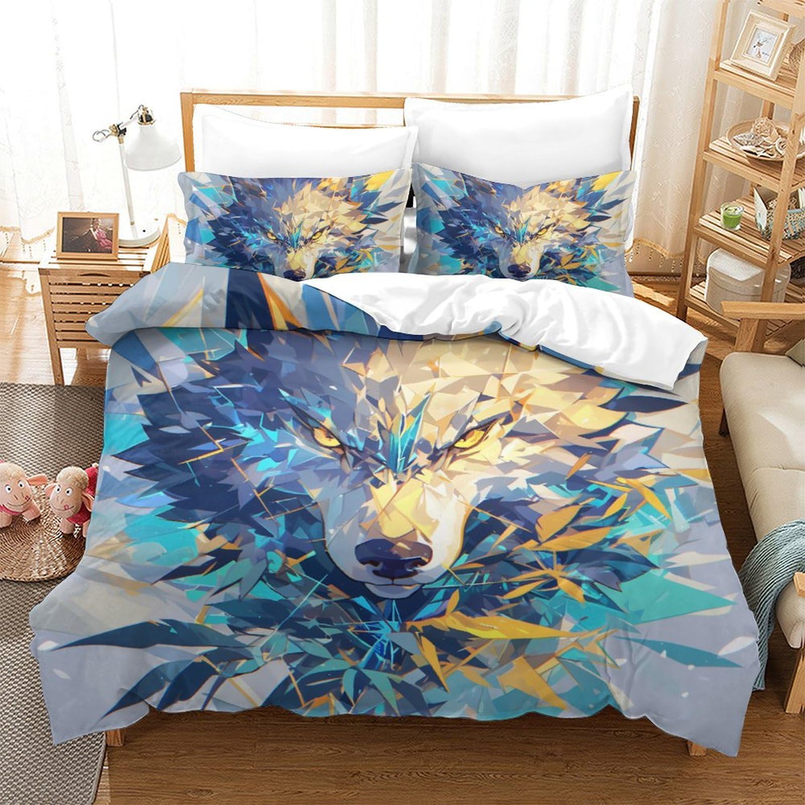 Housse de couette loup avec 2 taies d'oreiller pour lit double