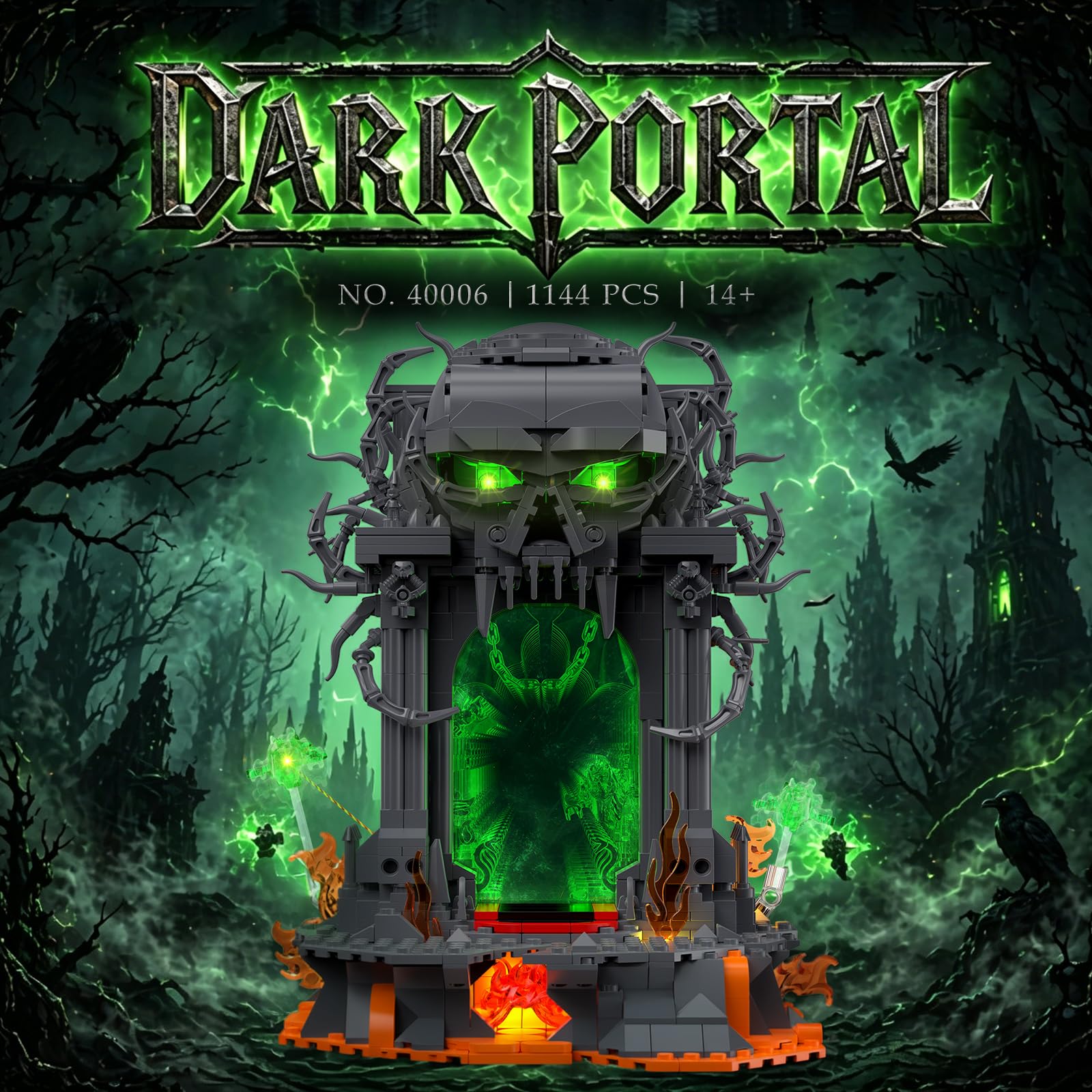 JMBricklayer Dunkles Portal Klemmbausteine Erwachsene, Gothic Totenkopf Tor Modellbau mit Licht, 40006 Fantasy Sammler Ausstellungsset Halloween Bausteine Geschenke für Spieler Männer ab 14 Jahren