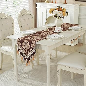 Brown Table Runner Floral Jacquard Damask Dining Table Runner with Multi-Tassels for Kitchen Dresser Party Banquet Holiday