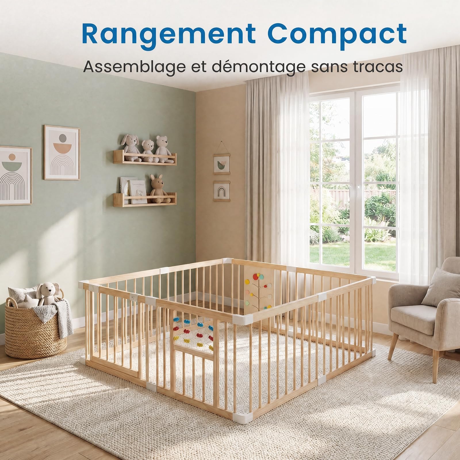 RELAX4LIFE Parc Bébé en Bois Pliable Montessori, Barrière de Sécurité 8 PCS | en Bois Non Peint avec Panneau d'Activités, Portillon de Sécurité, Barreaux Écartés 6cm, Gain de Place, 160x160cm