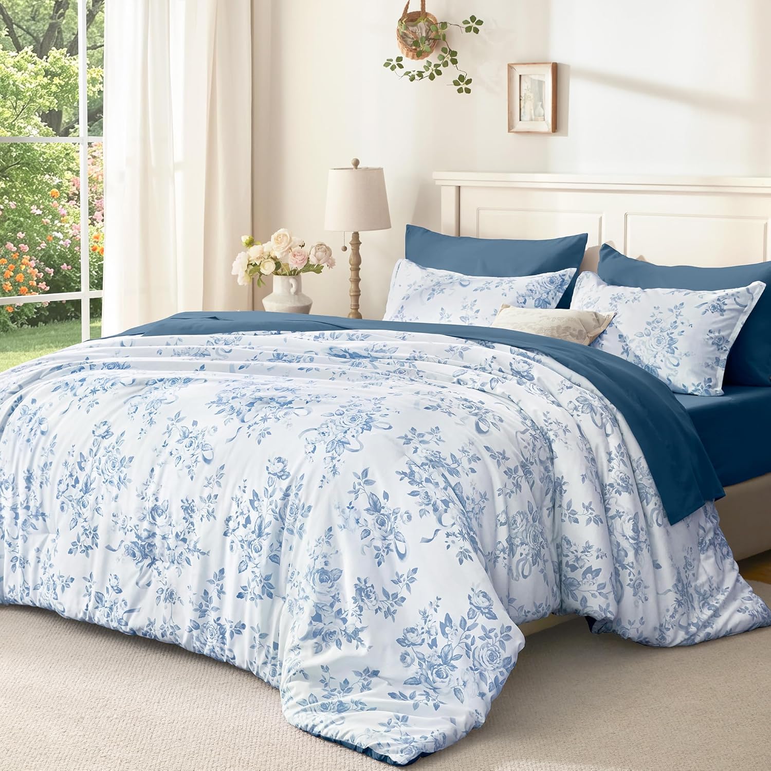 Andency Floral Comforter Set Queen Size, 7 Pieces Blue Flower Lightweight Bedding Set for All Seasons, Soft Vintage Bed in a Bag with Comforter, Sheets, Pillowcases & Shams