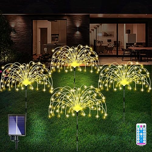 Miniatura 8 de Luces solares de jardín decorativas al aire libre, paquete de 4 120 luces LED solares decorativas, impermeables, 8 modos de brillo, luz de fuegos