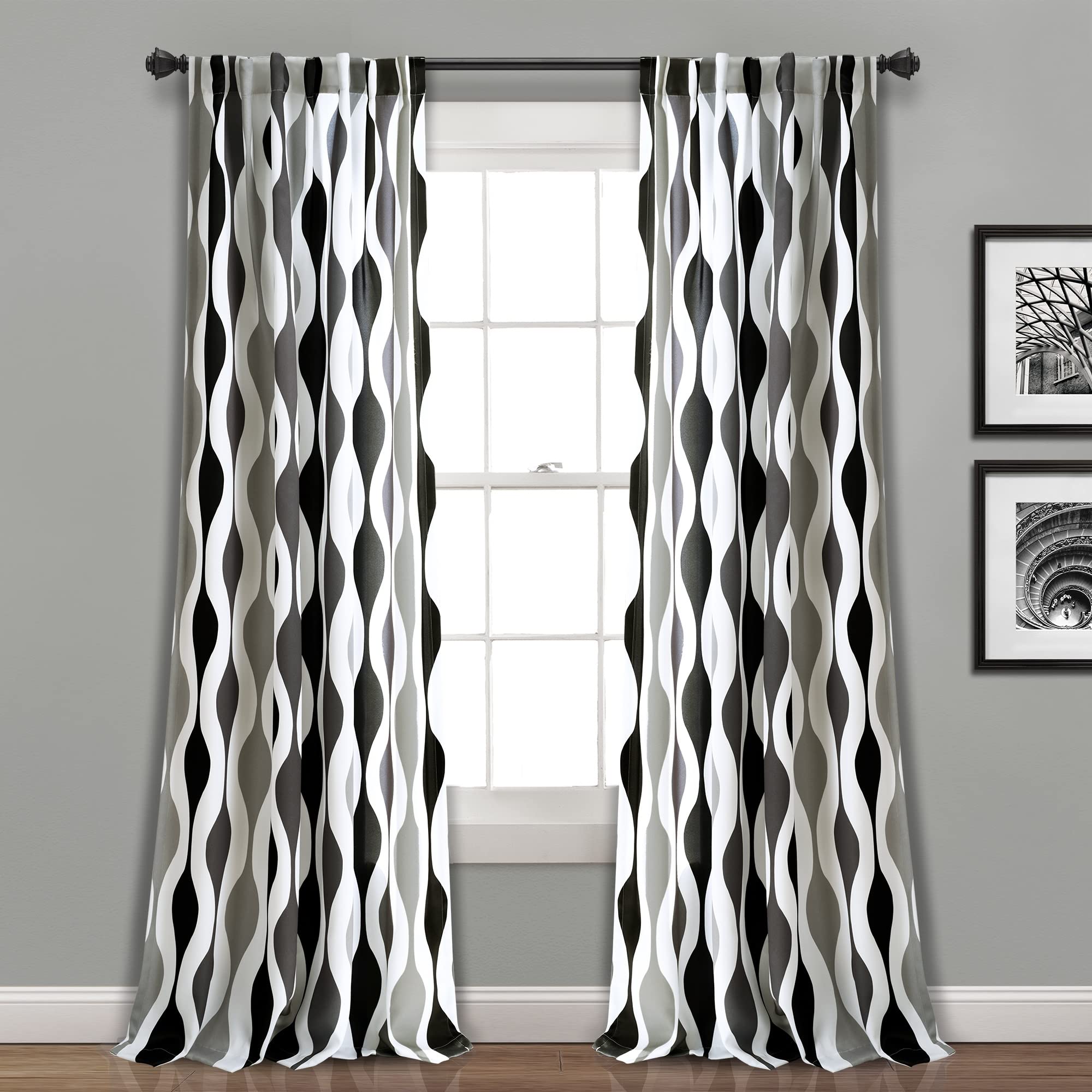 Lush Decor Light Filtering Window Curtain Panel Pair Mid Century Geo Lichtfilterung Fenstervorhang, 1 Paar, Polyester, Schwarz und Grau, 108" Long x 52" Wide