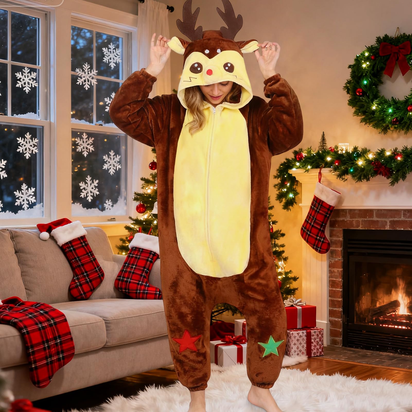 Crittygo Reindeer Costume Womens, Reindeer Onesie Pajamas Reindeers Brown Hooded Jumpsuit, All-In-One Xmas Outfit Christmas Fancy Dress - Image 2
