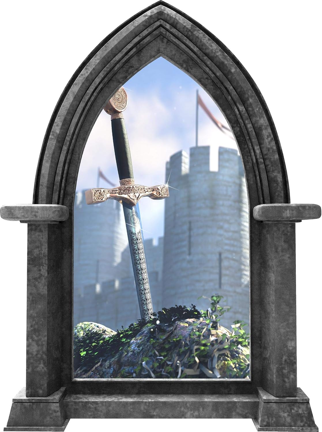 24" Castle Scape Sword in The Stone Granite Medieval 3D Window Wall Decal Excalibur King Arthur Removable Fabric Vinyl Wall Sticker Childrens Boys Bedroom Playroom Decor - 24" Tall x 18" Wide