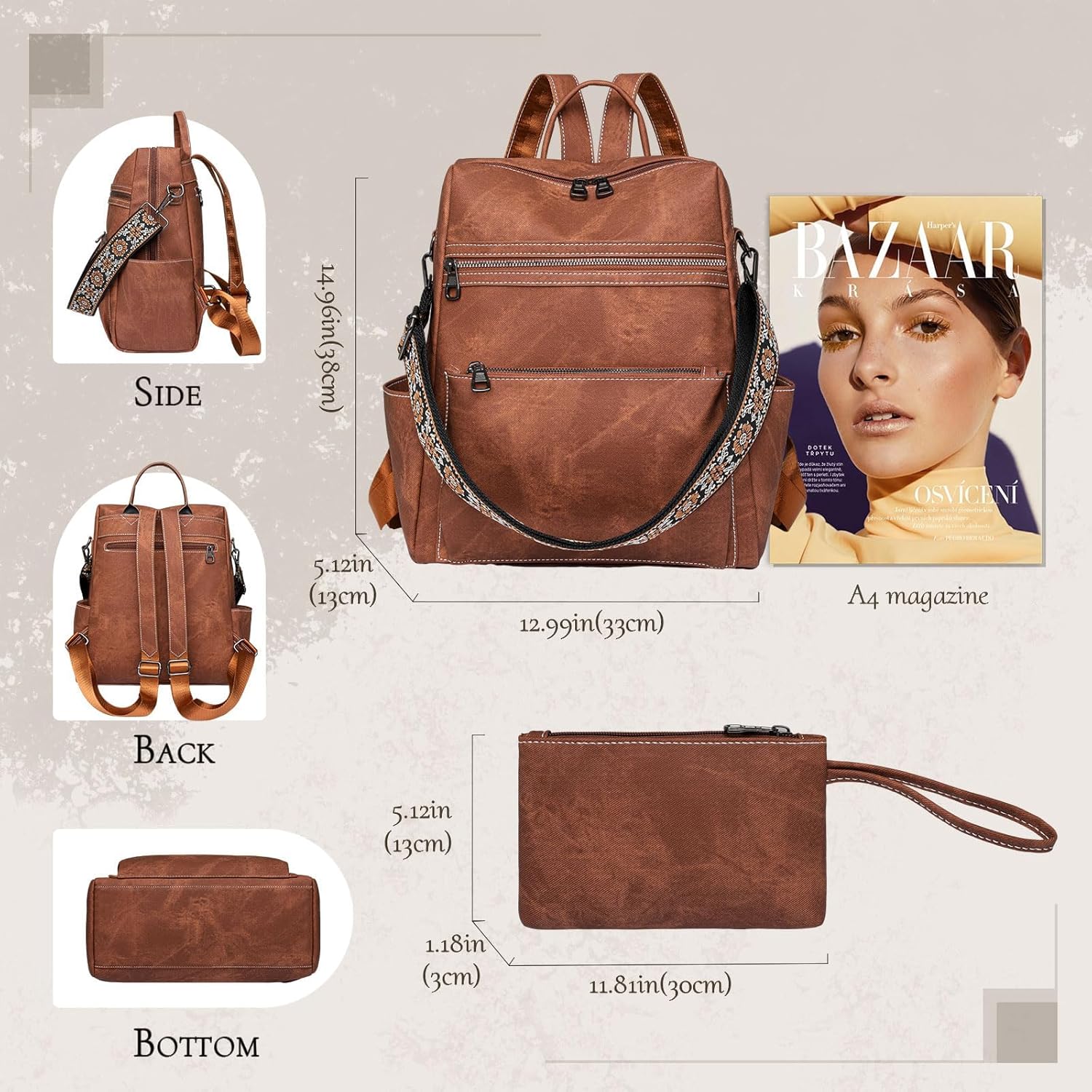 Backpack Purse for Women, Waterproof PU Leather Backpack, Anti-Theft Women Back pack, Lightweight Fashion Multipurpose Convertible Shoulder Bag Handbag, Brown - Image 2