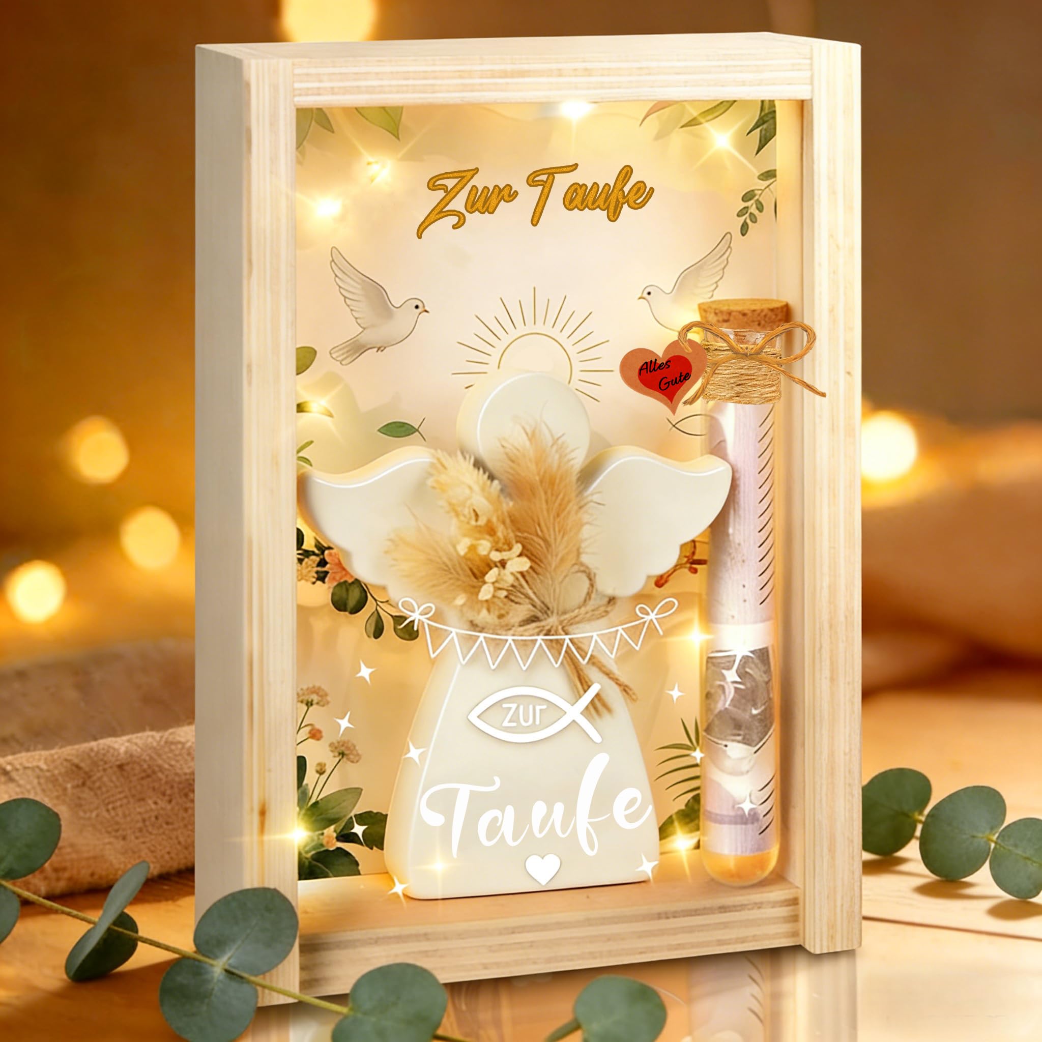 Taufgeschenke für Mädchen Jungen, Taufe Geschenk mit LED, Getrocknete Blumen,Holzbox, Taufkarte, Engel und Fische, Kreative Geschenke zur Taufe