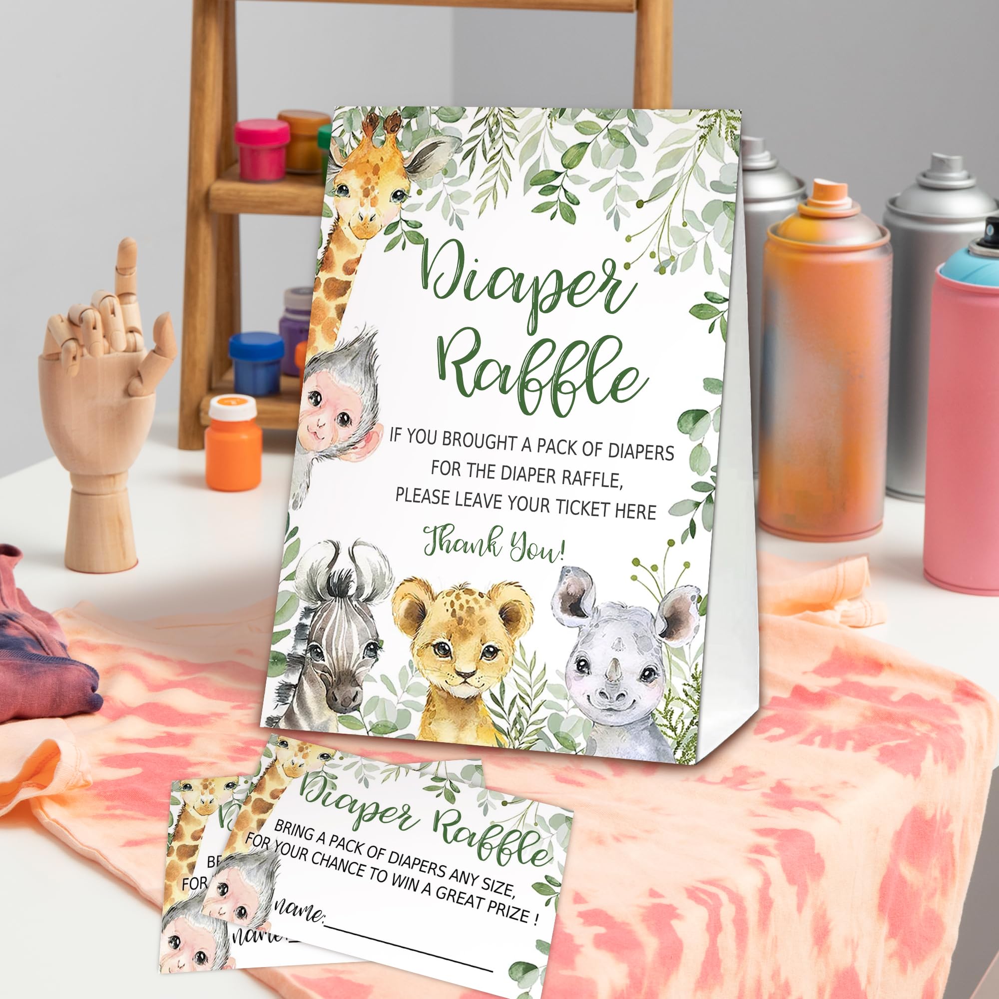 Boletos de rifa de pañales de animales de la selva para juego de baby shower, 1 letrero de pie (5 x 7 pulgadas) y 50 tarjetas de adivinación para decoración de fiesta de baby shower