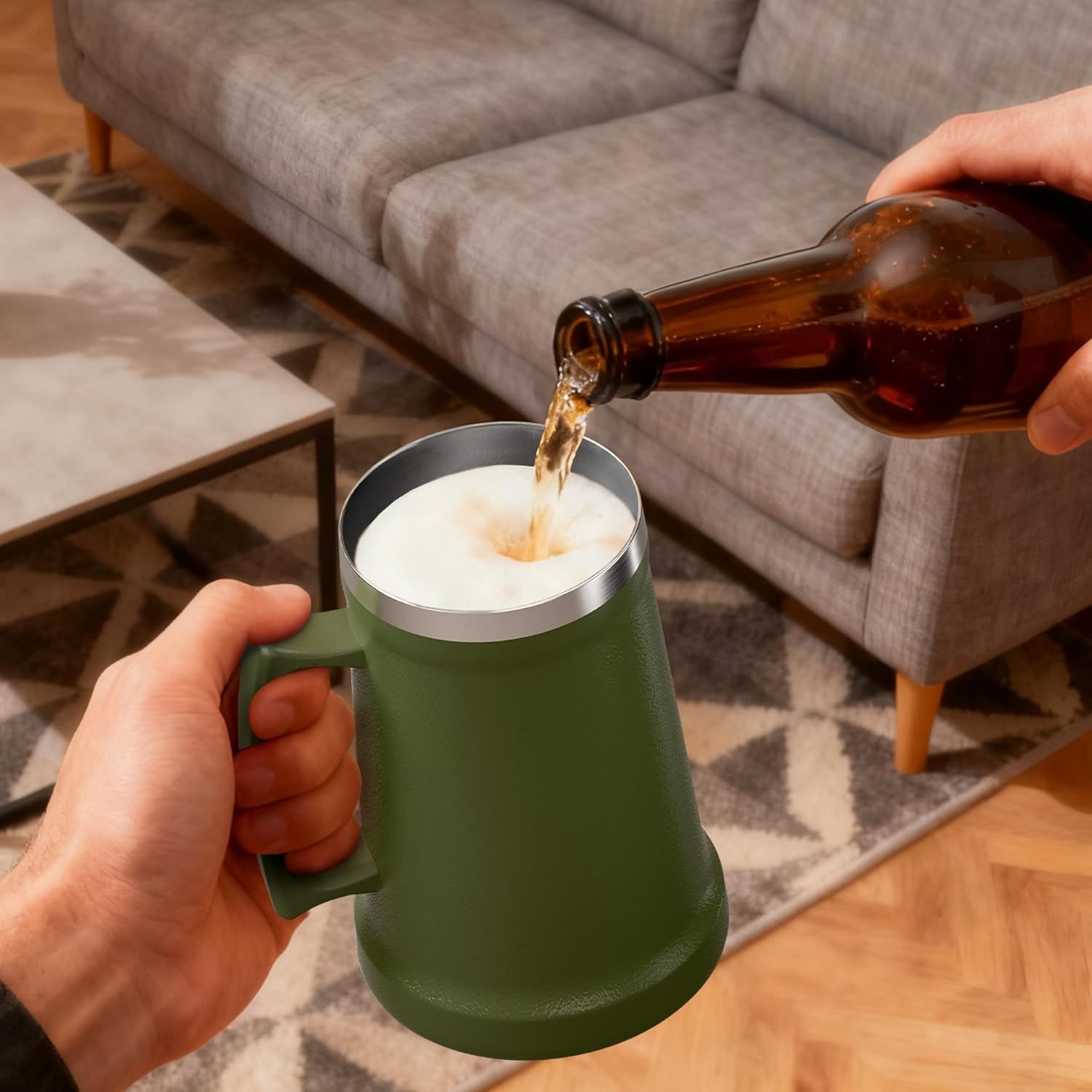 Ideus Insulated Beer Stein, 24/32oz Stainless Steel Double Walled Beer Mug Giant Bar Drinkware Metal Beer Cup with Big Grip Handle (Olive Green, 34oz (1,000ml)) - Image 7