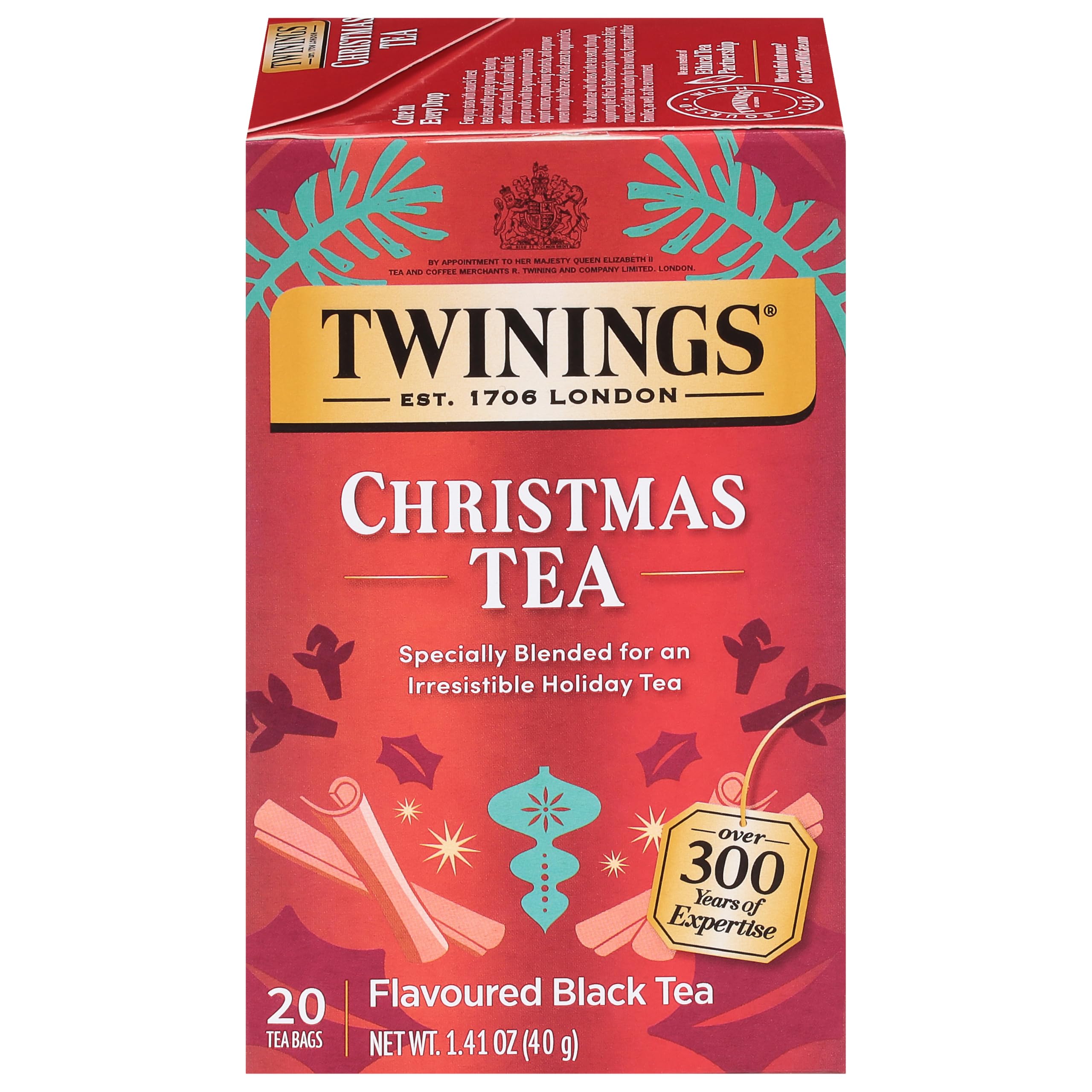 Twinings Lot de 20 sachets de thé noir de Noël emballés individuellement (1 pièce) aromatiques cannelle et clou de girofle caféinés à déguster chaud ou glacé