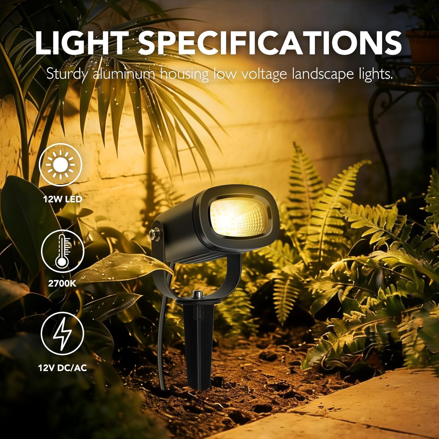 12W Low Voltage Landscape Lights 2700K Warm White LED Landscape Lighting IP65 Waterproof Spot Lights Outdoor Spotlights with Connectors for Garden Yard Tree, 8 Pack