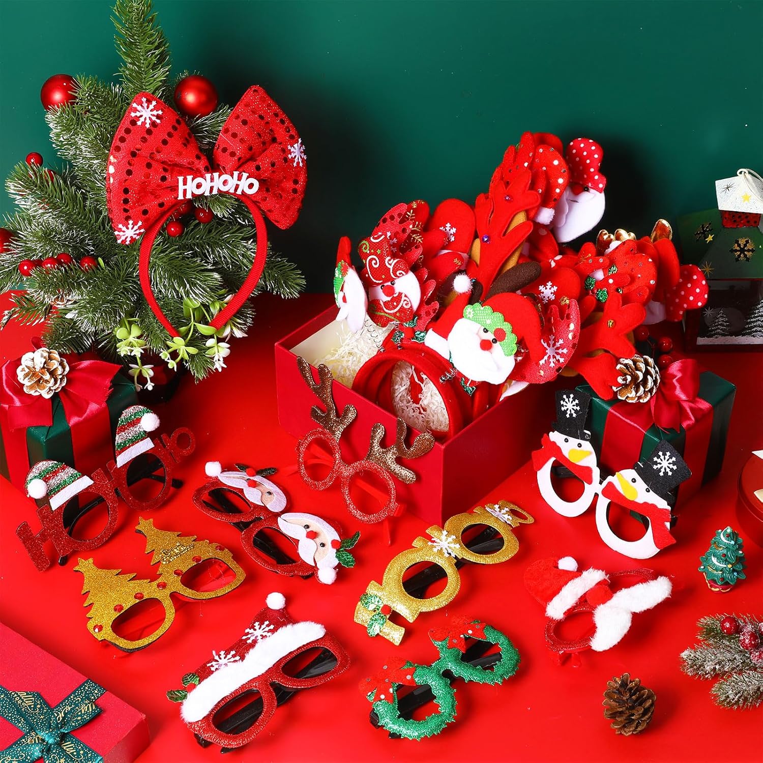 Yunlly 100 Pcs Christmas Headbands and Glasses Frame Set, Include 50 Styles of Holiday Headbands with 50 Pcs Christmas Glasses Funny Snowman Santa Hair Hoop for Xmas Holiday Party Supplies