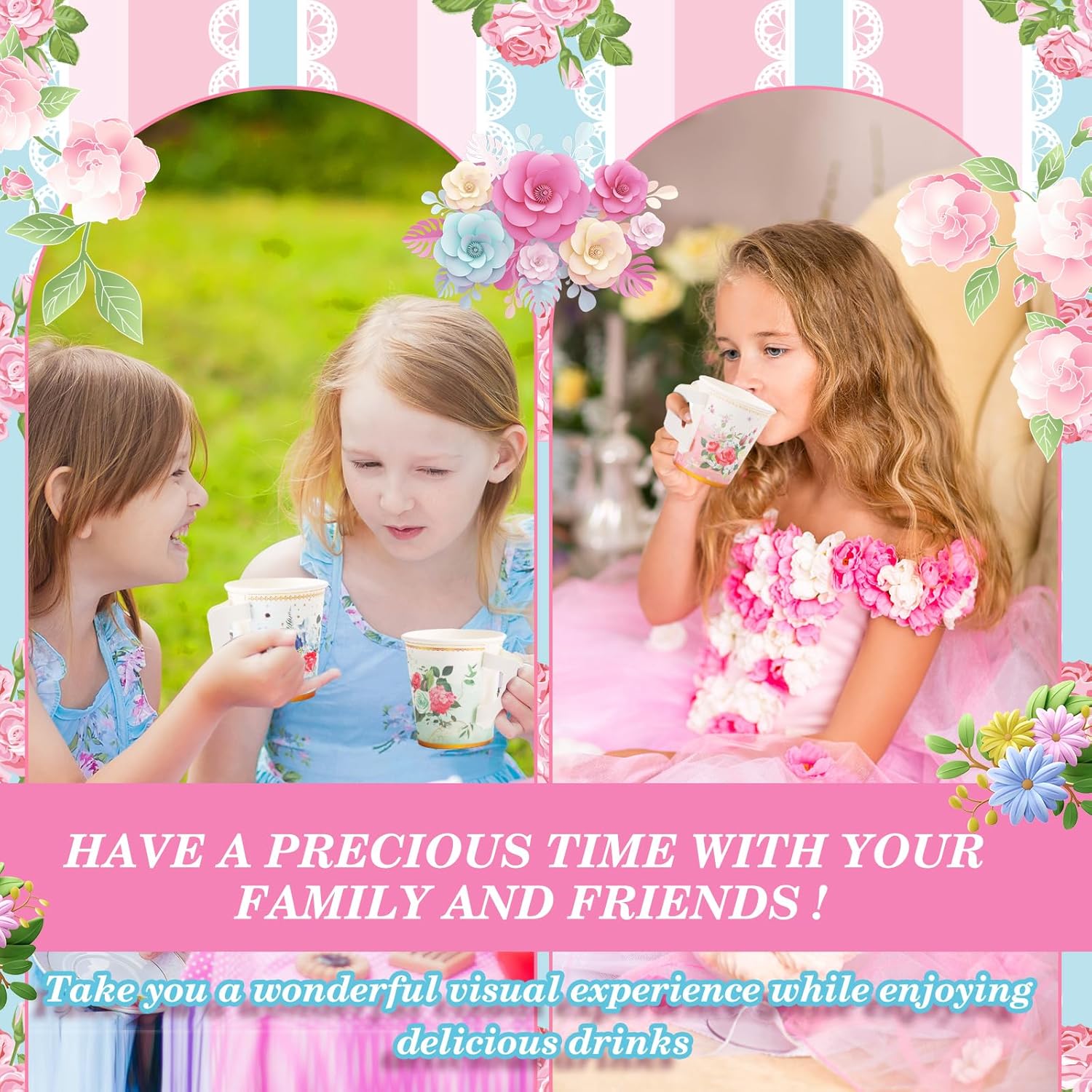 SUMMORO 160 Pcs Floral Paper Tea Cups and Saucers 7 OZ Disposable Paper Tea Cups with Handle and Plates for Tea Party Decoration Birthday Baby Shower Bridal Wedding Mother's Day