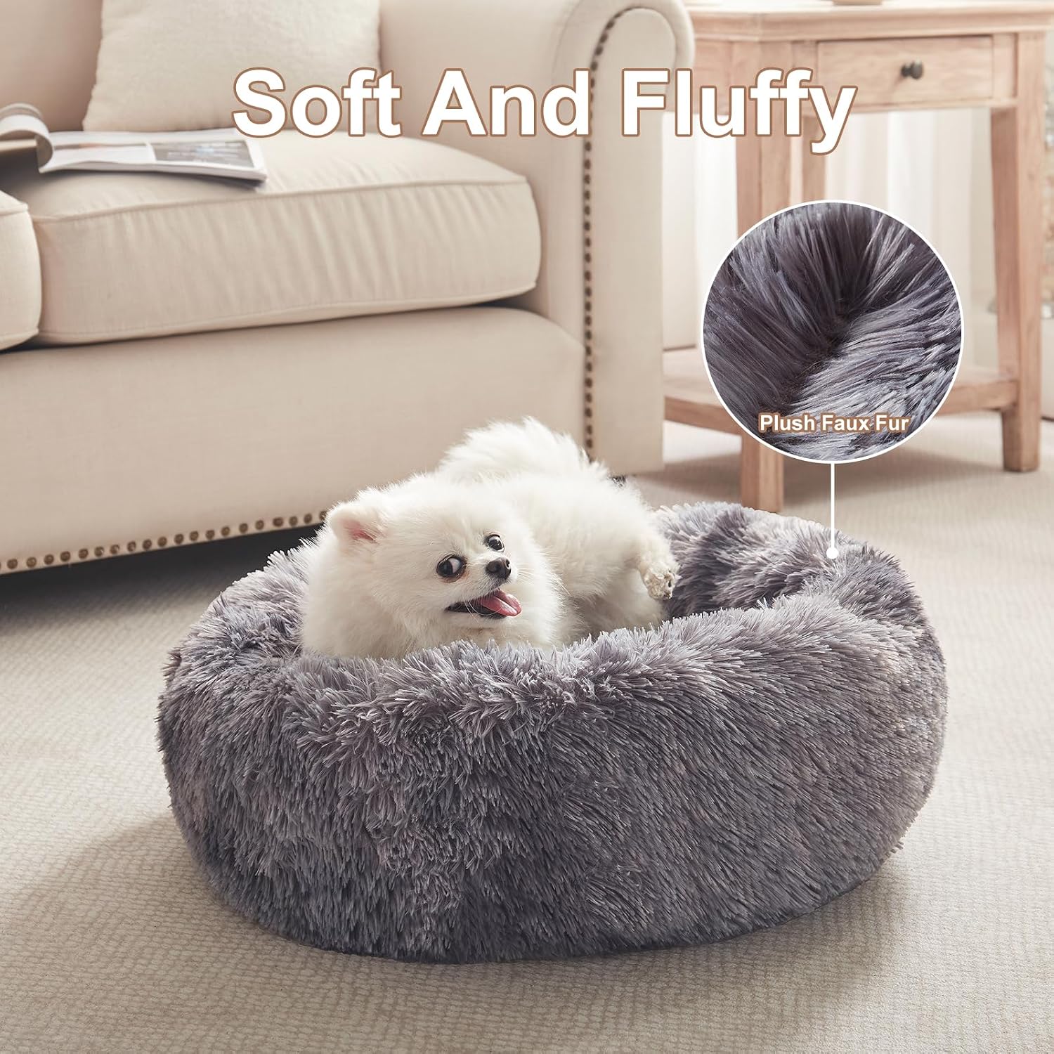 23 inches Donut Dog Bed for Small Dogs - Calming Washable Round Puppy Bed with Removable Cover, Fluffy Plush Pet Bed for Cats & Dogs, Fits up to 25 lbs Pets (Tie-dye Grey,Small) thumbnail