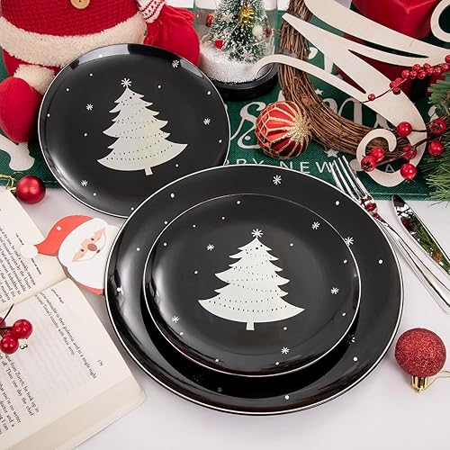 Miniatura 6 de WDF 50 platos de Navidad de plástico, platos de plástico negro y plateado con árbol de Navidad, incluye 25 platos llanos, 25 platos de ensalada,