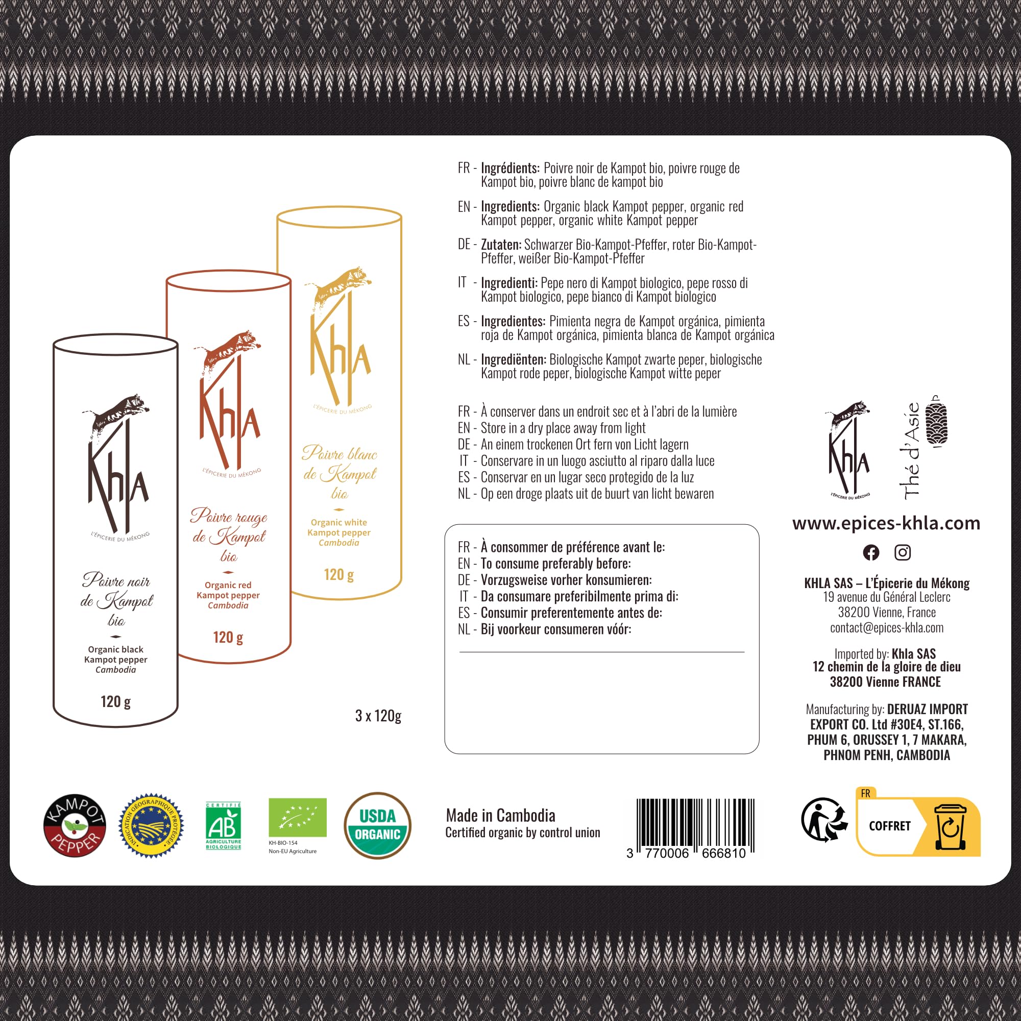 Khla - Set de 3 Pimientas de Kampot - Pimienta Negra, Blanca y Roja - 3 x 120g - Set Regalo Especias de Cocina - Pack Pimentas Gourmet - Regalo para Mujer, Hombre - Origen Camboya