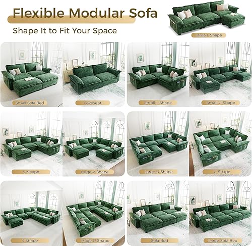 Miniatura 4 de KKL Sofá modular grande en forma de V, sofá de nube de 7 plazas con otomana, sofás seccionales de felpilla para sala de estar, apartamento, verde