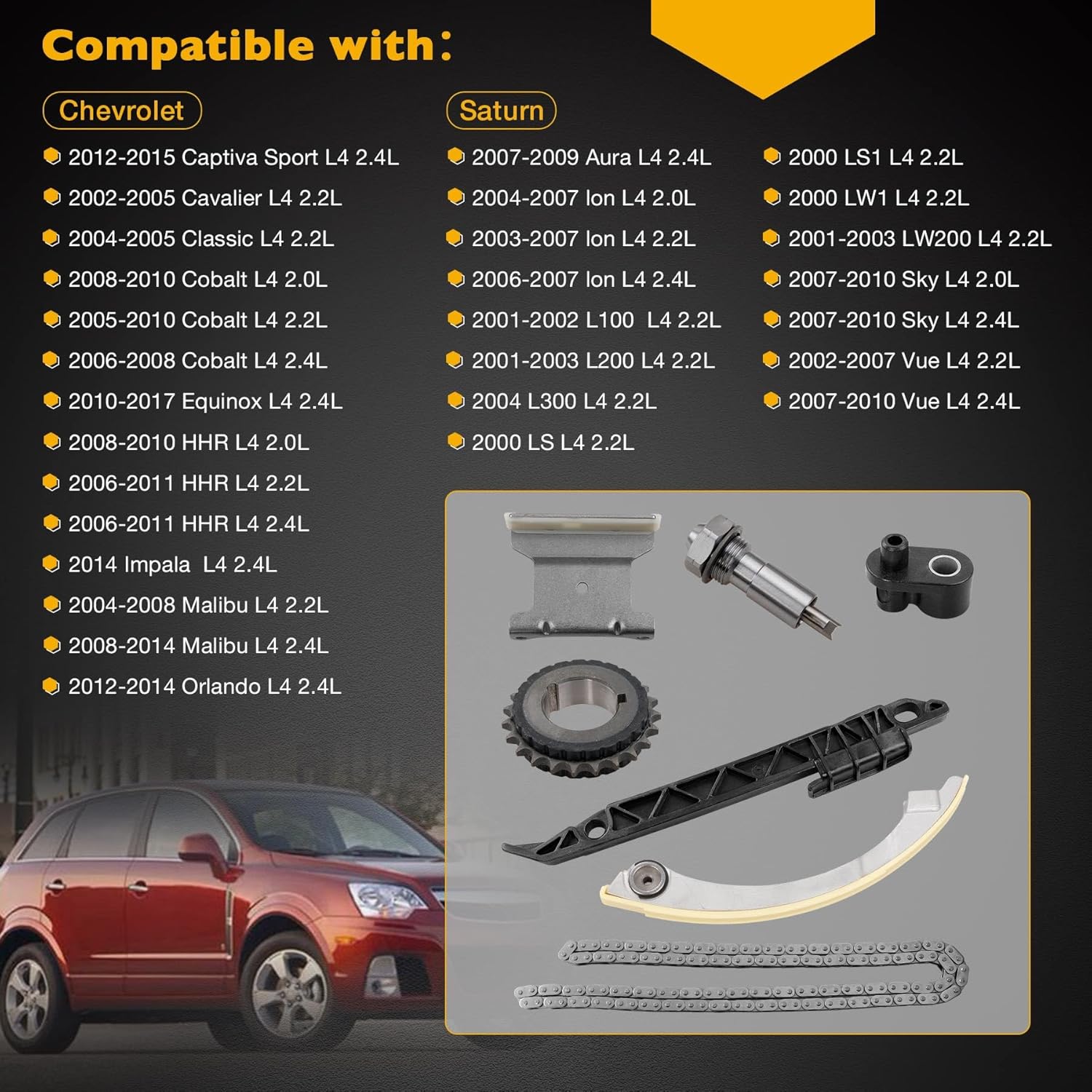 2.0 2.2 2.4 Engine Timing Chain Kit with Tensioner Crank Sprocket, Compatible with 2002-2017 Pontiac Buick GMC Saab Oldsmobile Chevrolet Saturn, Replaces# 9-4201SA 24449448 13104978