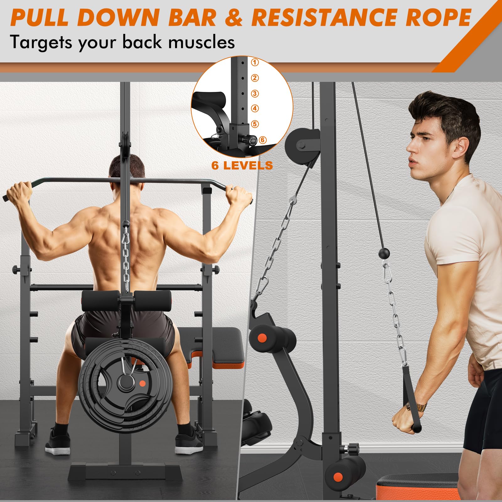 Bench Press Set, 880LBS Adjustable Weight Bench with Leg Extension and Preacher Curl Pad, 8 IN 1 Multi-Function Gym Bench with LAT Pulldown Pulley System, Full-Body Workout Home Gym Equipment