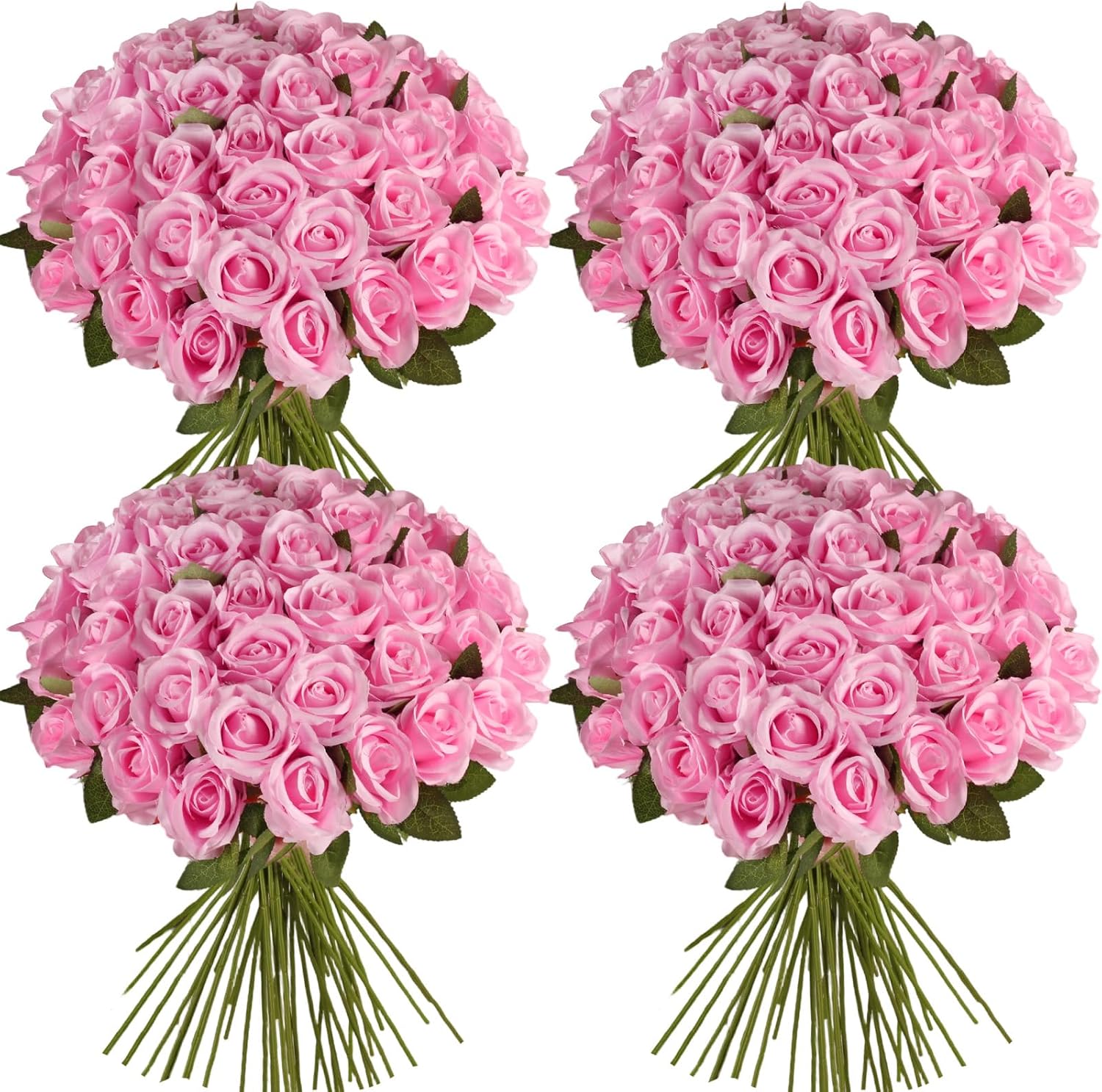 48 Pcs Silk Purple Rose Bouquet Bridal Artificial Flowers, Fake Rose Long Stem Realistic Artificial Flowers for Wedding Arrangement Centerpiece Party Decor (48 Dark Pink)
