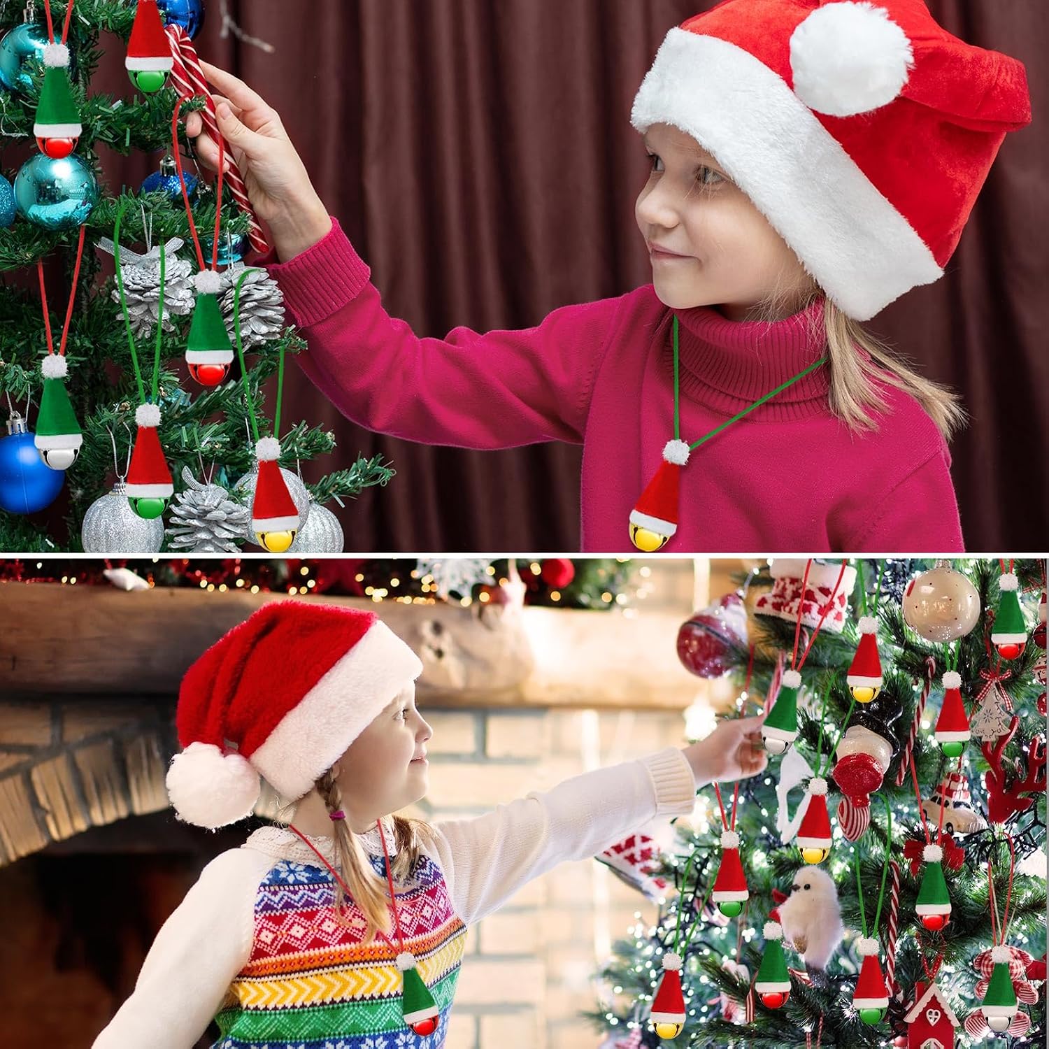 Henoyso 36 Pcs Christmas Santa Hat Jingle Bell Necklaces Bulk Large Bell Necklaces Red and Green Santa Hat Jingle Bell Ornaments for Kids Women Party Supplies Holiday Decoration