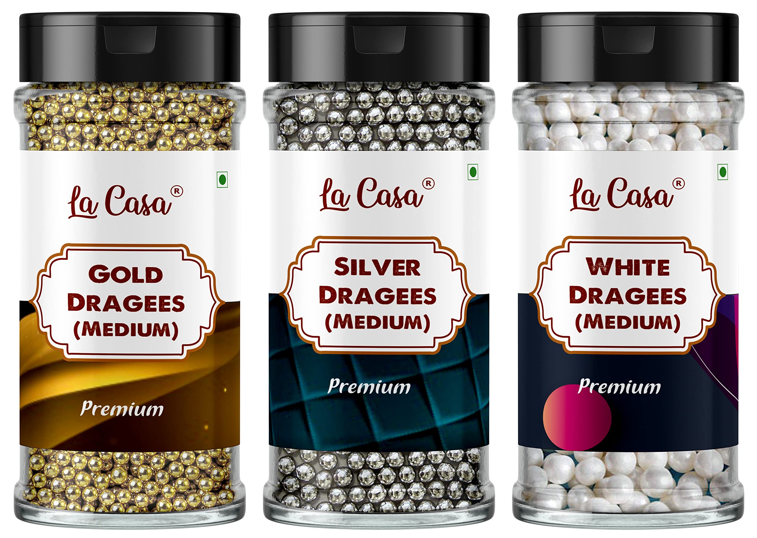 La Casa Premium 3 in 1 Colors Dragees -White,Golden & Silver | Medium(4mm) Sized Pearl Balls Ideal for Cake Decoration & Garnishing | 3x100g |