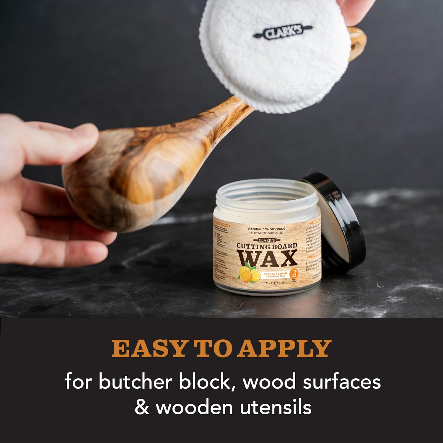 CLARK’S Cutting Board Oil and Wax Kit – Includes Food Grade Mineral Oil (12oz), Finishing Wax (6oz), Applicator, & Buffing Pad to Clean and Protect Wood, Enriched with Natural Lemon & Orange Extract