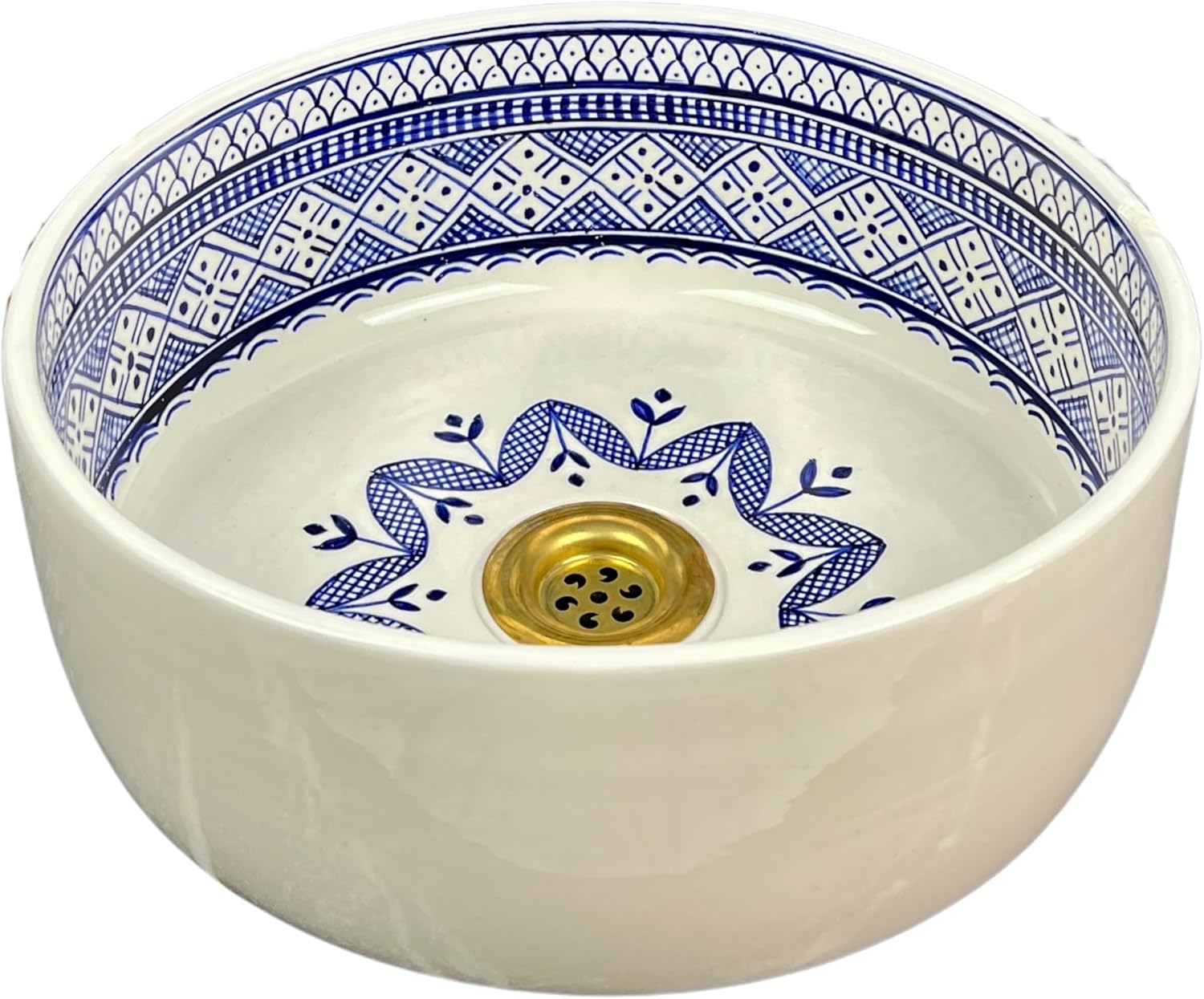 Blue & White Ceramic Bathroom Sink with Geometric Floral Motif - Round Countertop Vessel Basin with Brass Drain (As Pictures, 8in = 20cm)