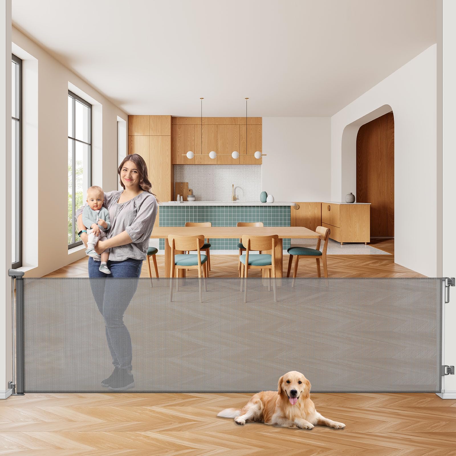 PetstarsRetractable Baby Gate, Mesh Dog Gate or Mesh Baby Gate 118" Large Wide 33" Tall Safety Child or Pet Gate for Indoor Outdoor Stairs, Doorways, Hallways, Deck