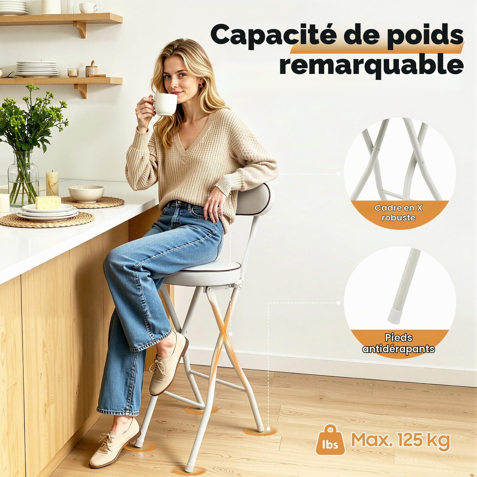 Lot de 2 tabourets de bar pliables avec dossier - Portable - Pour l'extérieur - Chaise haute rembourrée - Tabouret pliable - Blanc