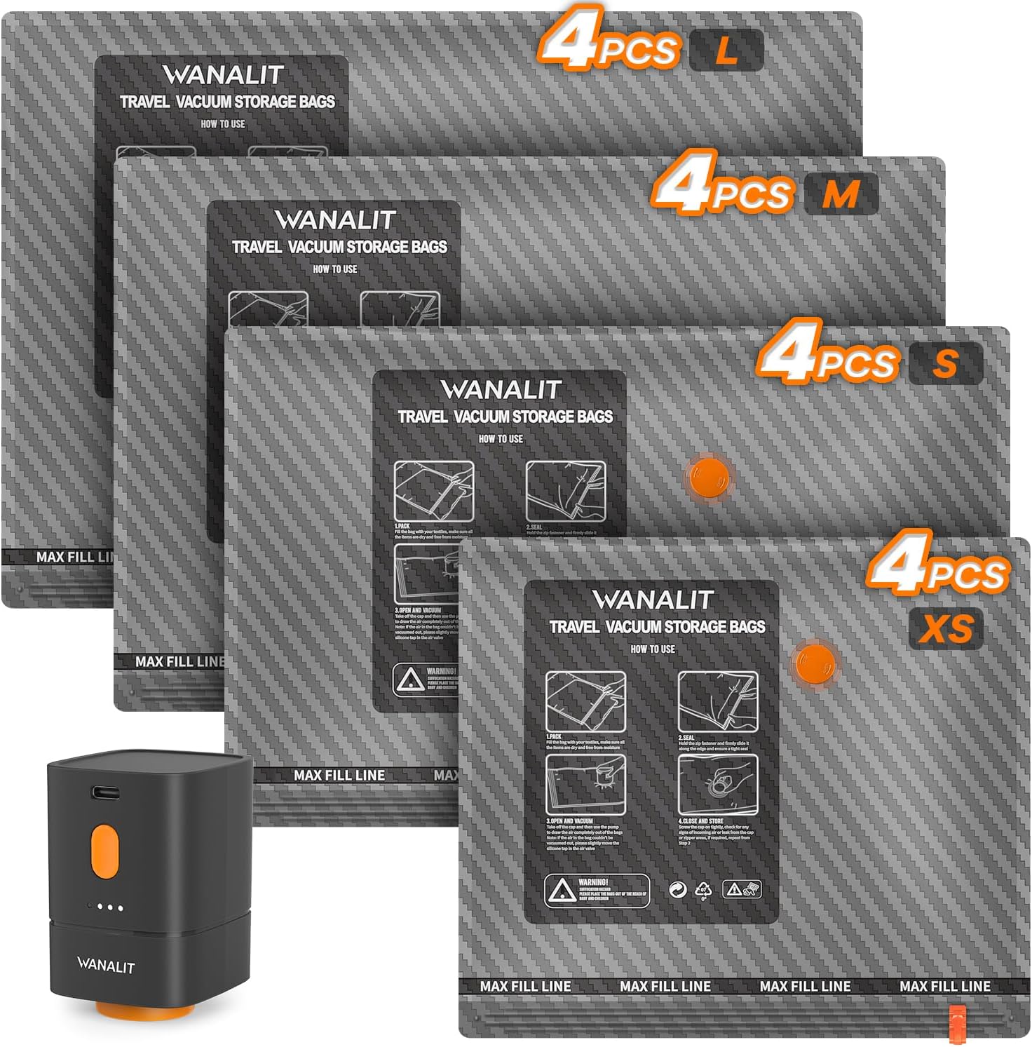 Vacuum Storage Bags for Travel with Wireless Rechargeable Electric Pump, 16 Pack Travel Essentials Vacuum Seal Bags for Clothing, Space Saver Compression Packing Bags for Luggage, Suitcase, Home