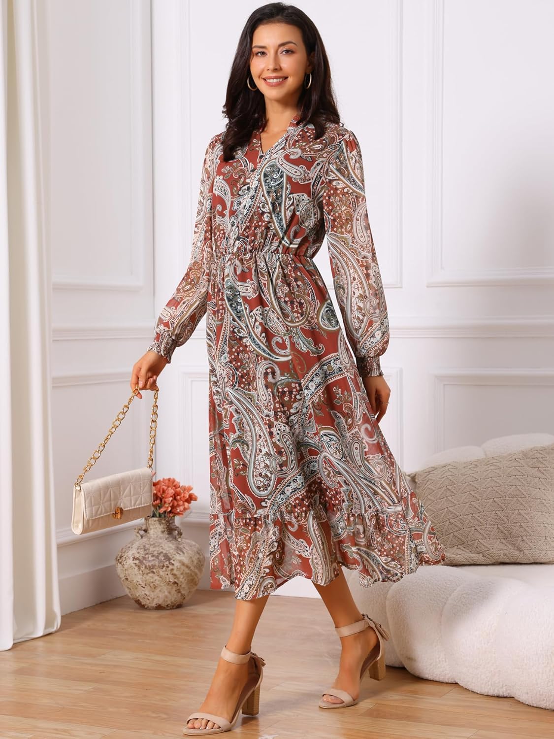 Seta T Women's Boho Dresses V Neck Long Sleeve Smocked Cuff A-Line Floral Tiered Flowy Fall Midi Dresses