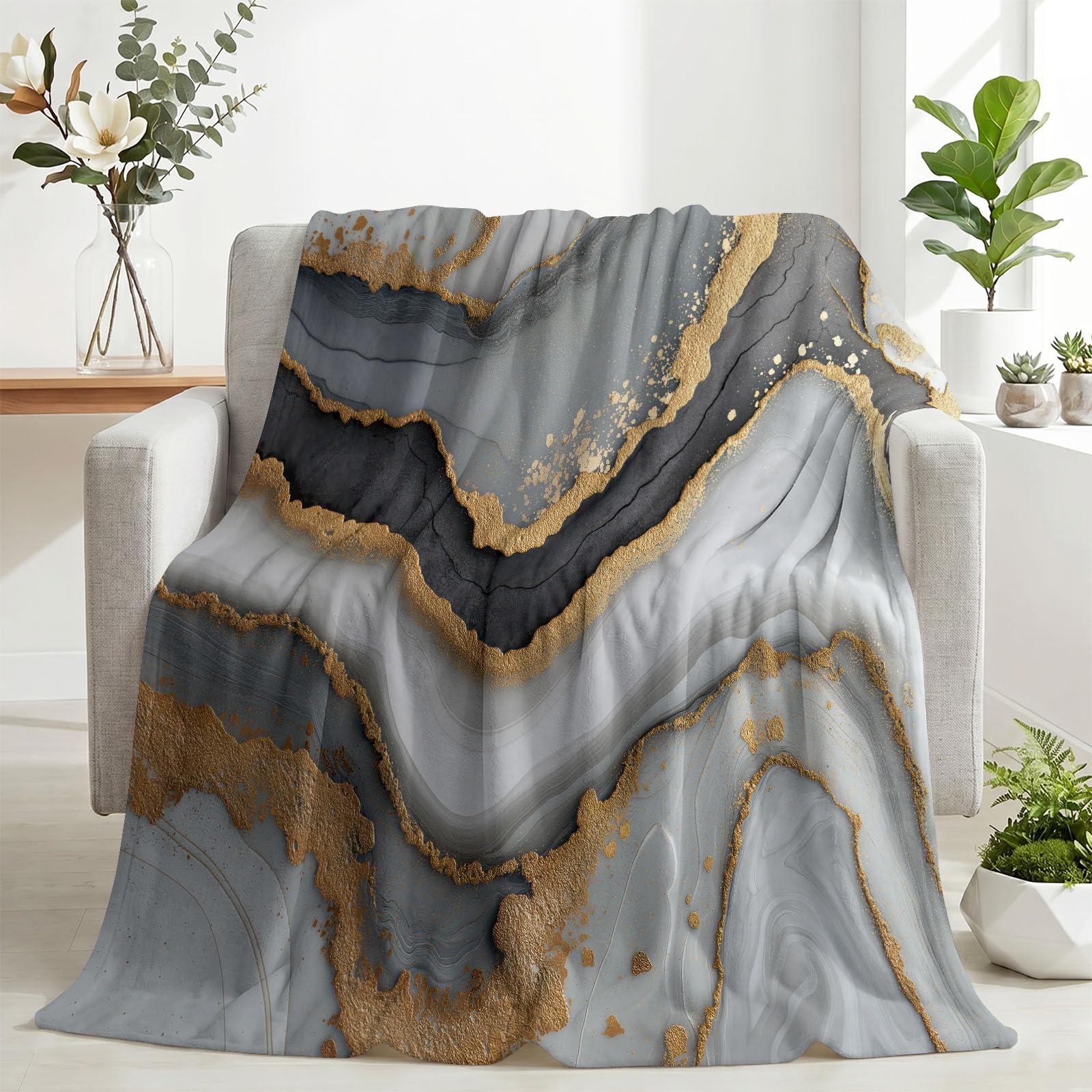 Generisch Szary złoty marmur koc flanelowy miękki 180 x 200 cm