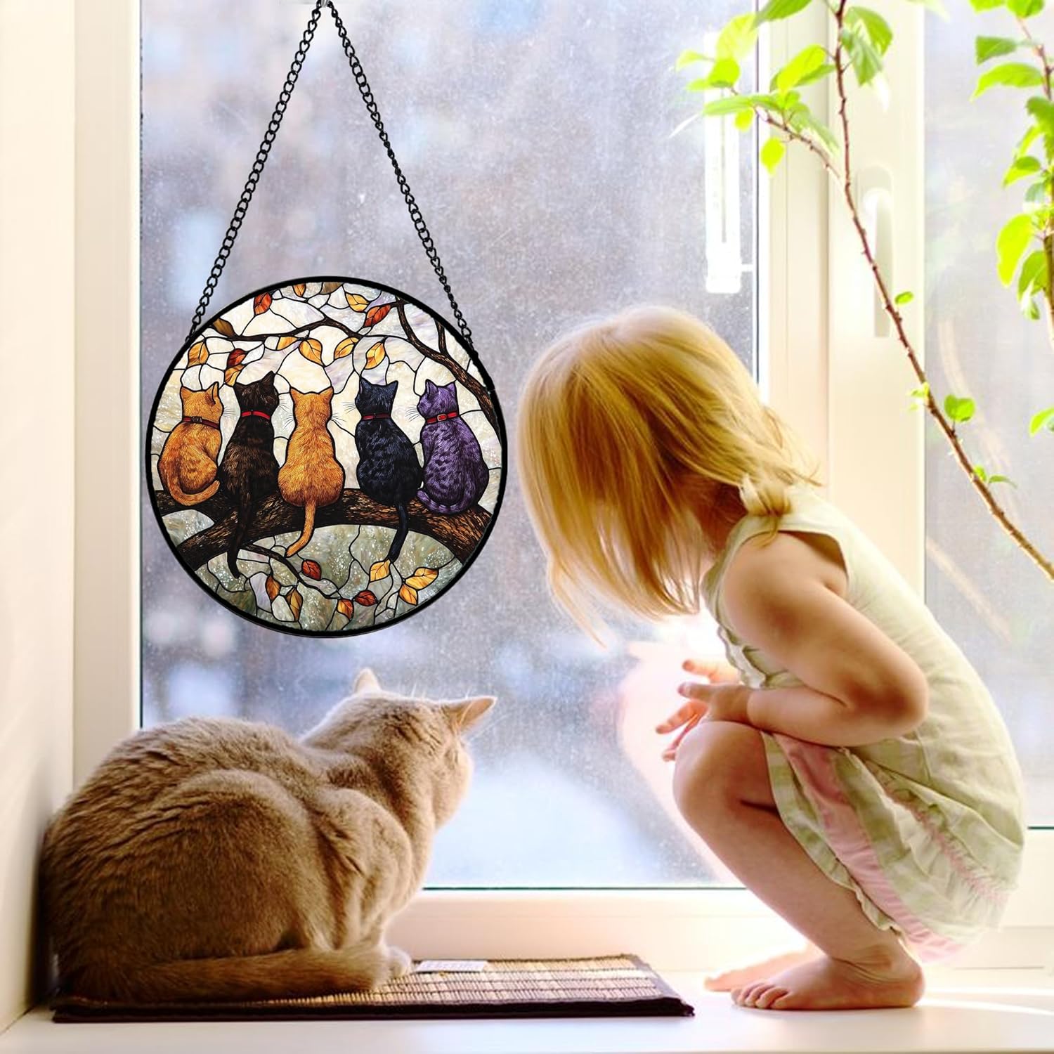 Stained Glass Window Hanging - 5 Cats on a Branch Suncatcher for Window Doors Home Decoration and Christmas, Mother's Day Father's Day Birthday Gifts for Women, Men, and Mom 7.8x7.8 in - Image 2