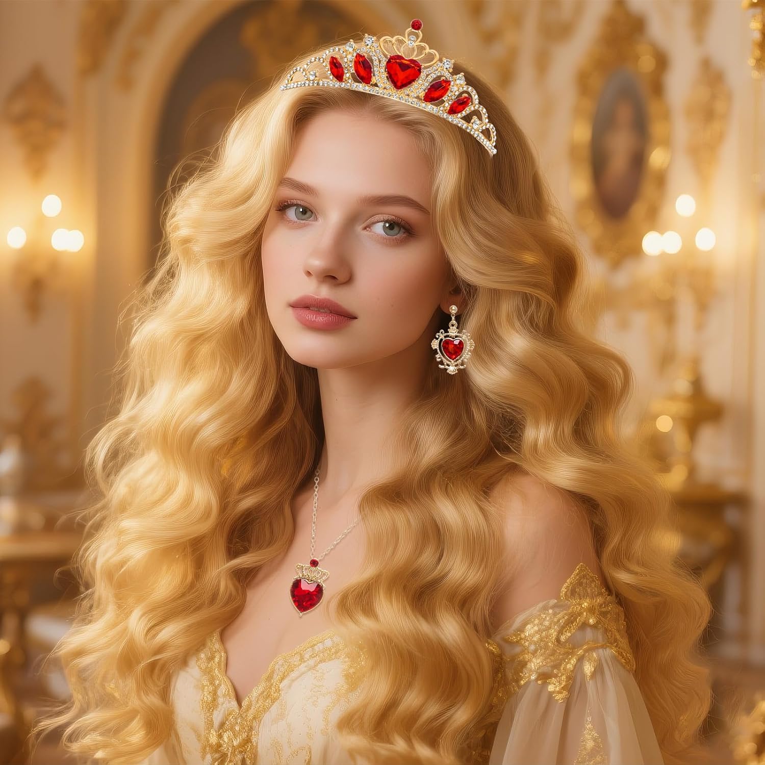 Nydotd 3 Pcs Red Crown with Hearts and Necklace Earrings Gold Tiara Jewelry Set Red Queen Hearts Costume Jewelry Set for Women Teen Dress - Image 4